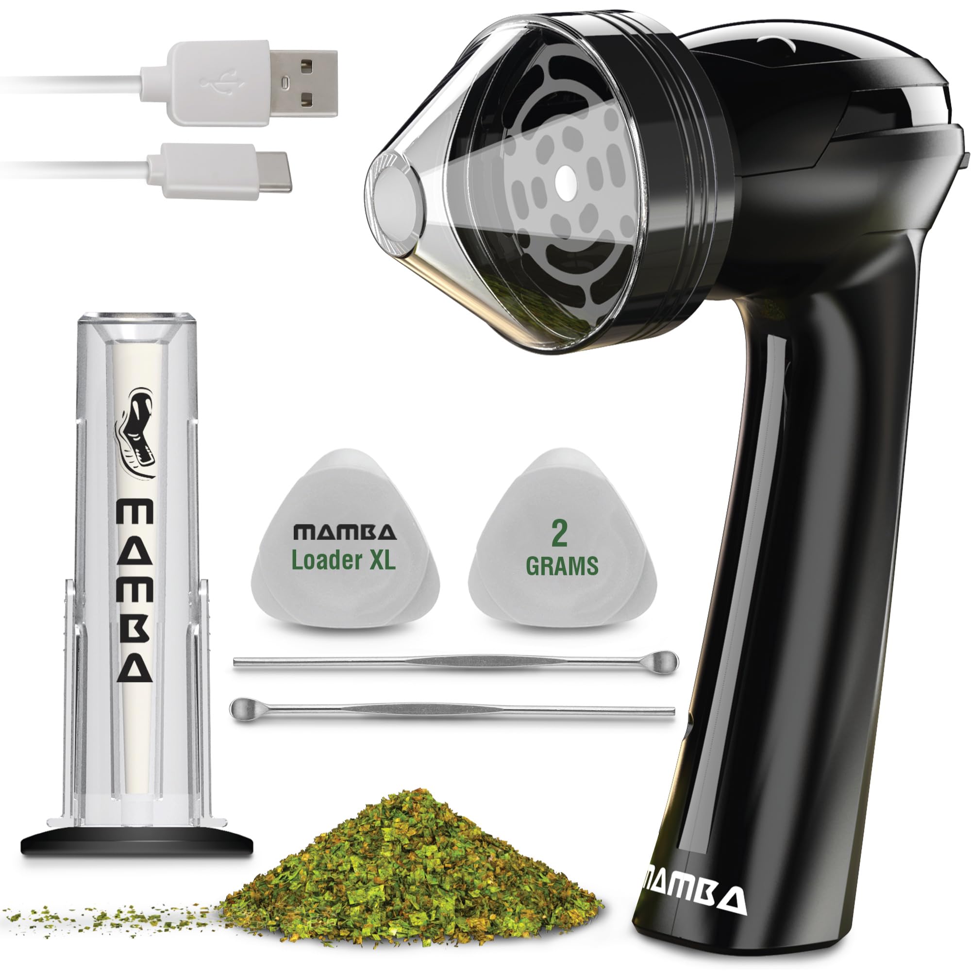 Mamba Loader XL 2g Black USB Electric Herb Grinder - Portable Metal Spice Mill for Kitchen, Herbs & Seasonings | Perfect for Cooking, Baking & Tea Preparation