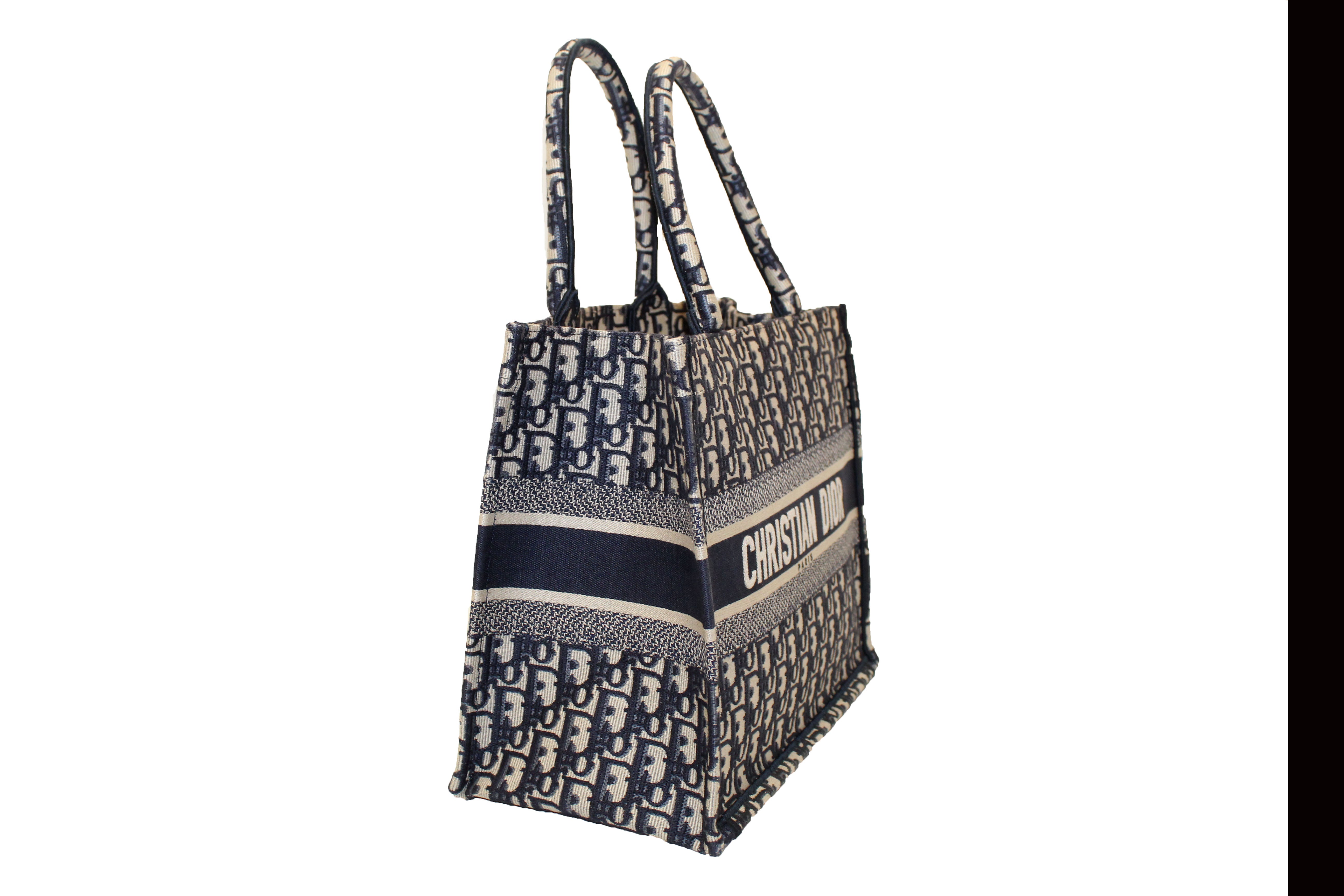 Authentic Christian Dior Book Tote Bag - Medium Size Ecru & Blue Dior Oblique Embroidery Luxury Handbag for Women | Perfect for Travel, Work & Everyday Use