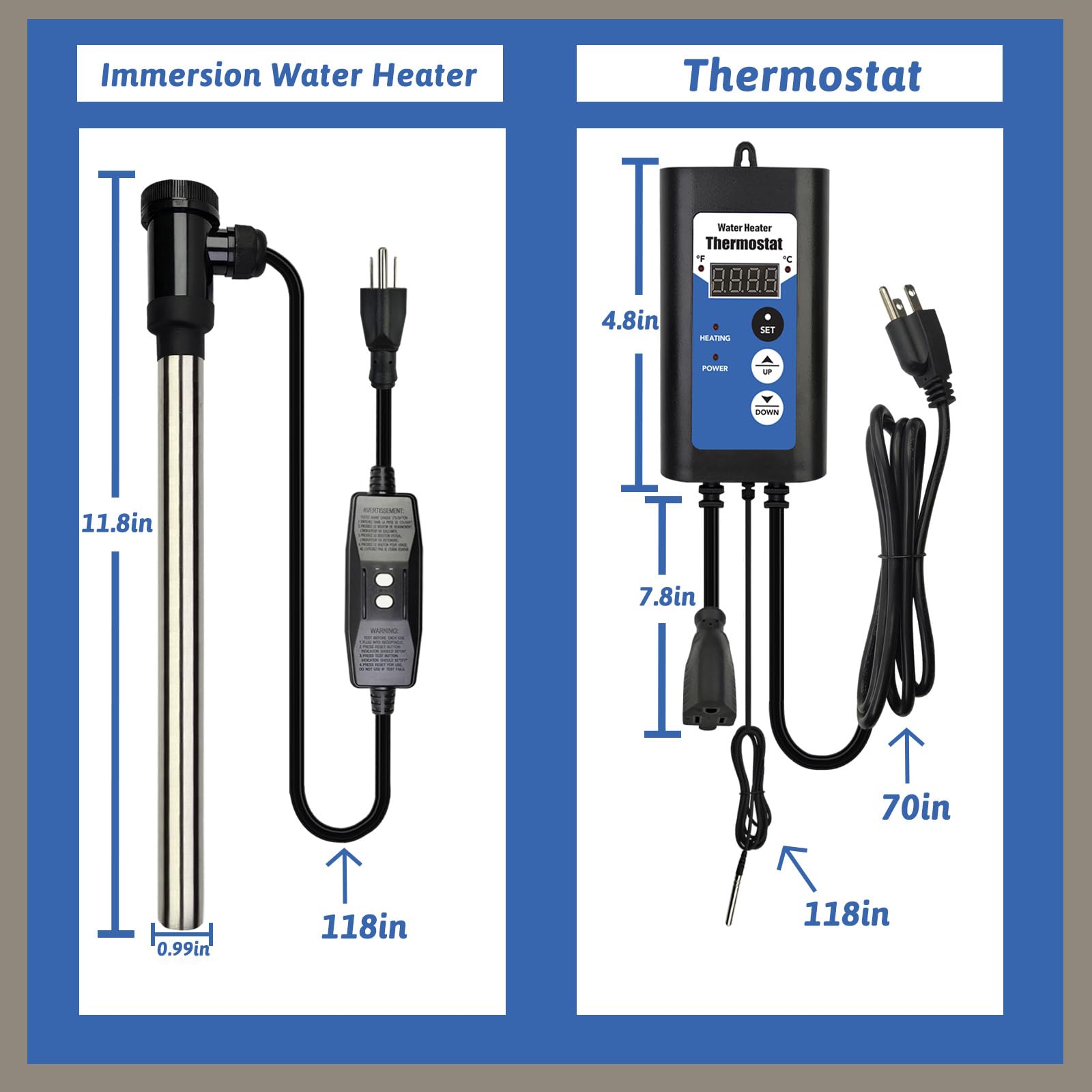 1000W Portable Immersion Water Heater - Submersible Electric Heater with Thermostat & GFCI Protection for Hot Tubs, Bathtubs, Buckets, Pools - Fast Heating for Spa, Livestock Water Troughs, and Home Use