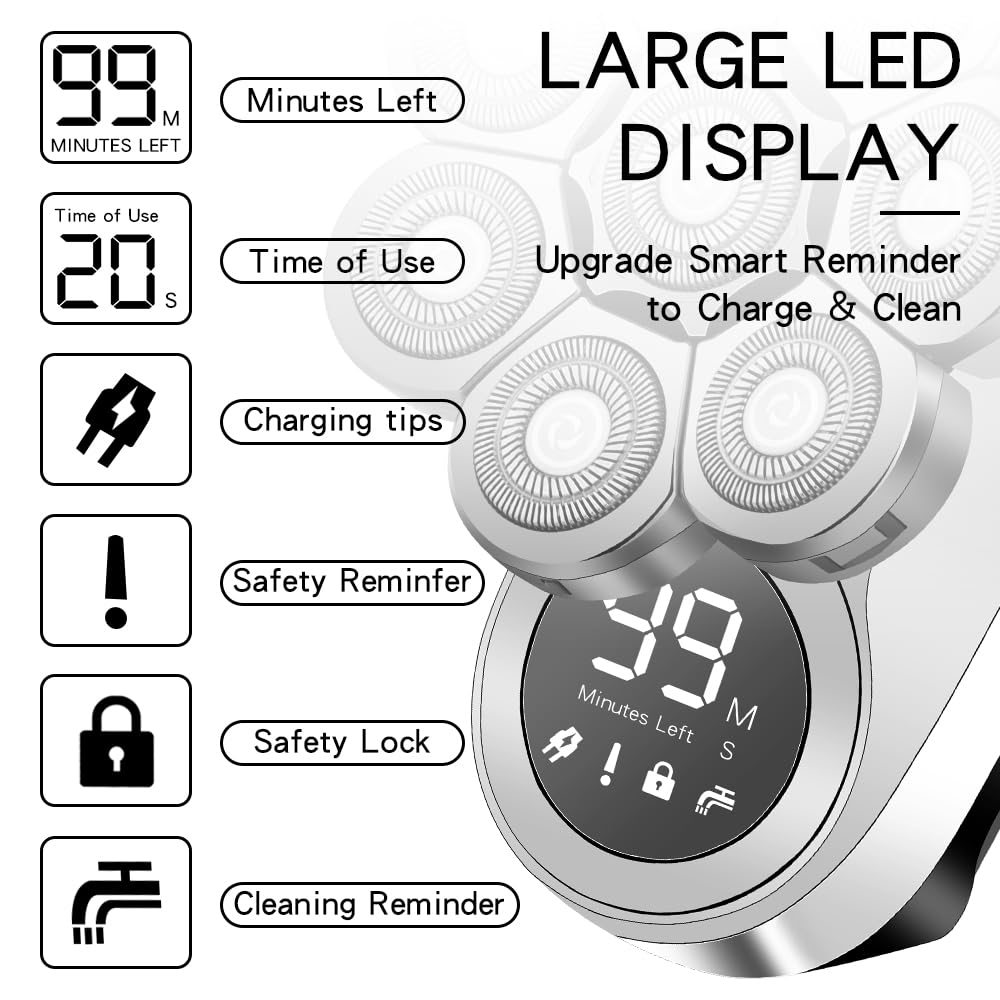 6-in-1 USB Rechargeable Electric Head Shaver for Bald Men - Wet/Dry LED Display Cordless Grooming Kit with Nose Hair Trimmer - Fast Charging for Smooth Shaving at Home, Gym or Travel