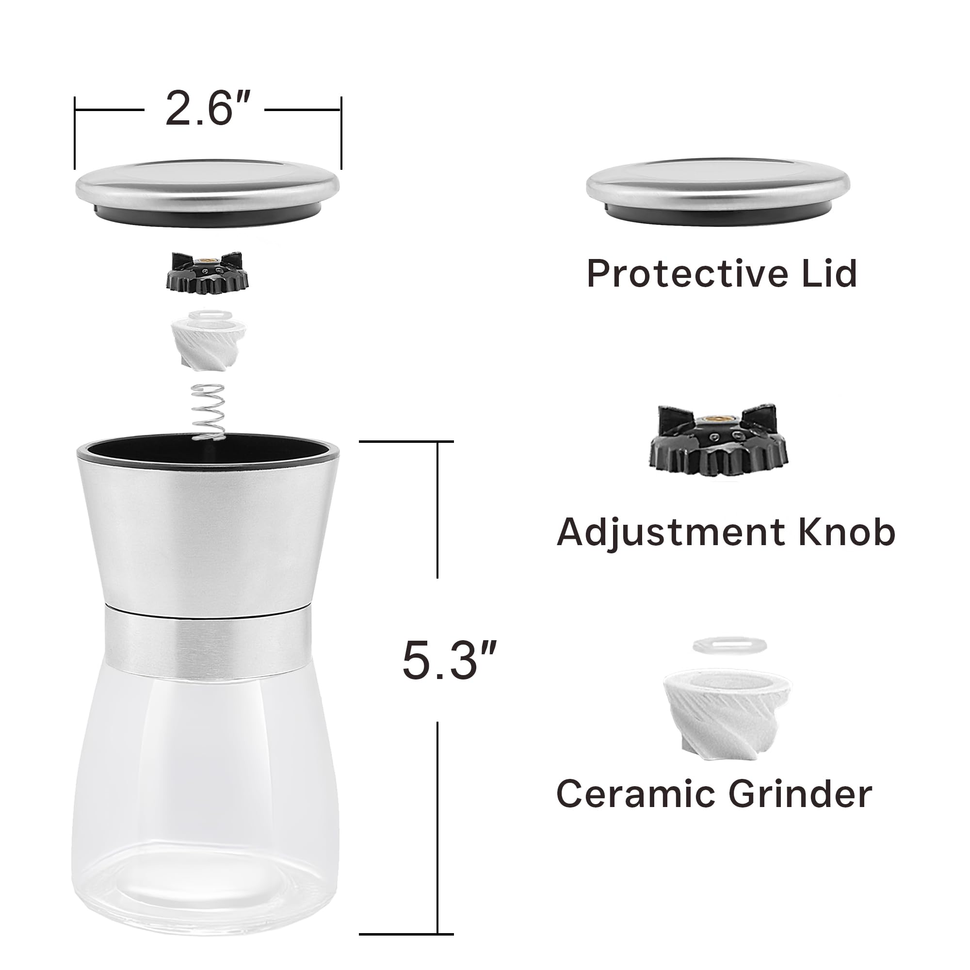 Premium Stainless Steel Salt and Pepper Grinder Set - Adjustable Coarseness, Refillable Glass Body - Compact Kitchen Essential for Cooking, Dining & Gifting (2 Pack) - Perfect for Restaurants, Home Kitchens & Dinner Parties