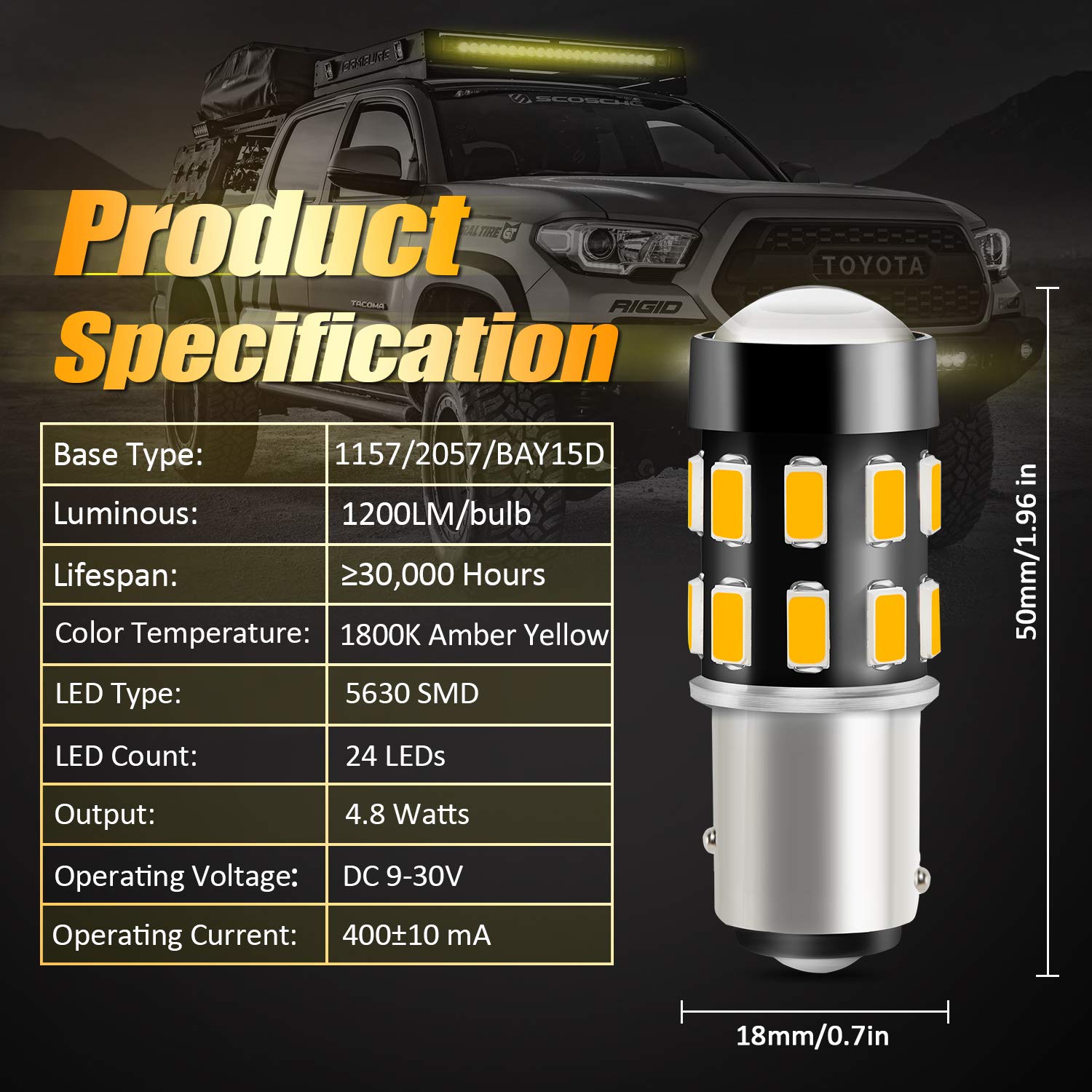 1157 LED Bulbs - Super Bright 24-SMD 9-30V Non-Polarity 2057 2357 7528 1157A BAY15D LED Bulbs with Projector - Amber Yellow (Pack of 2) - Perfect for Turn Signal Blinker Lights, Side Marker Lights, Brake Lights & Tail Lights in Cars, Trucks & Motorcycles