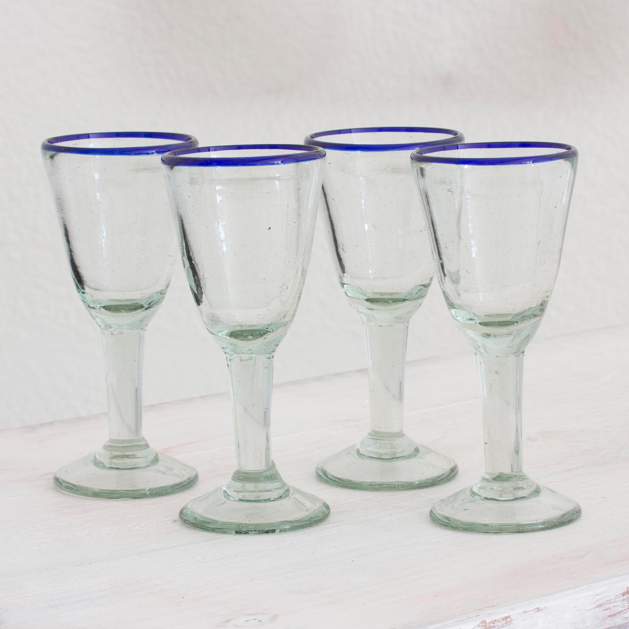NOVICA Hand Blown Clear Blue Recycled Glass Wine Glasses - 5 Oz 'Bubbly' Set of 4 - Eco-Friendly Stemware for Champagne, Cocktails & Special Occasions