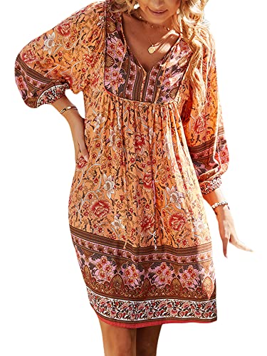 Boho Floral Mini Dress for Women - Short Sleeve V Neck Ruffle Sundress with Drawstring Waist | Perfect for Beach Vacations, Summer Parties & Casual Outings