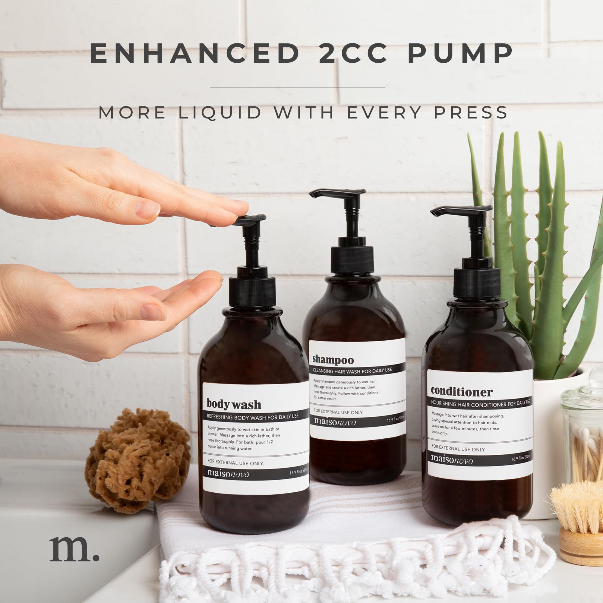 Refillable Shampoo and Conditioner Bottles Set of 3 - 16.9oz Amber Plastic Bottles with Black Pumps for Salon, Travel & Home Use - Eco-Friendly Hair Care Containers