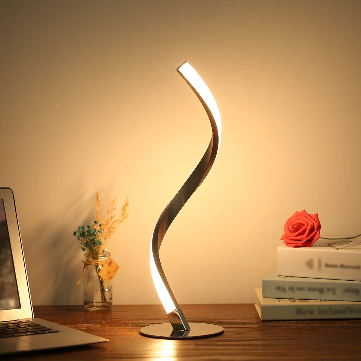 Tomshine Spiral LED Table Lamp - Modern Stainless Steel Desk Lamp with Warm White Light (6W 3000K) for Bedroom, Living Room, Office & Study - Perfect for Reading, Working & Ambient Lighting
