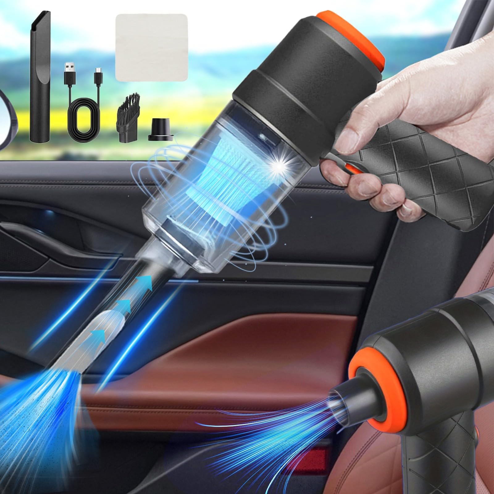 Teocary 3-in-1 Handheld Car Vacuum Cleaner - 120W Powerful Suction USB Portable Vacuum with Cleaning Cloth & Detailing Kit - Perfect for Car Interiors, Home, Office & Travel Use