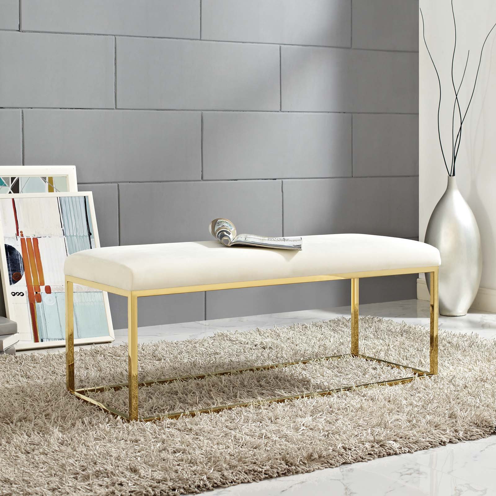 Modern Contemporary Accent Chair Bench - Velvet Upholstery with Metal Steel Frame in Gold & Ivory - Perfect for Living Room, Lounge, or Bedroom Decor