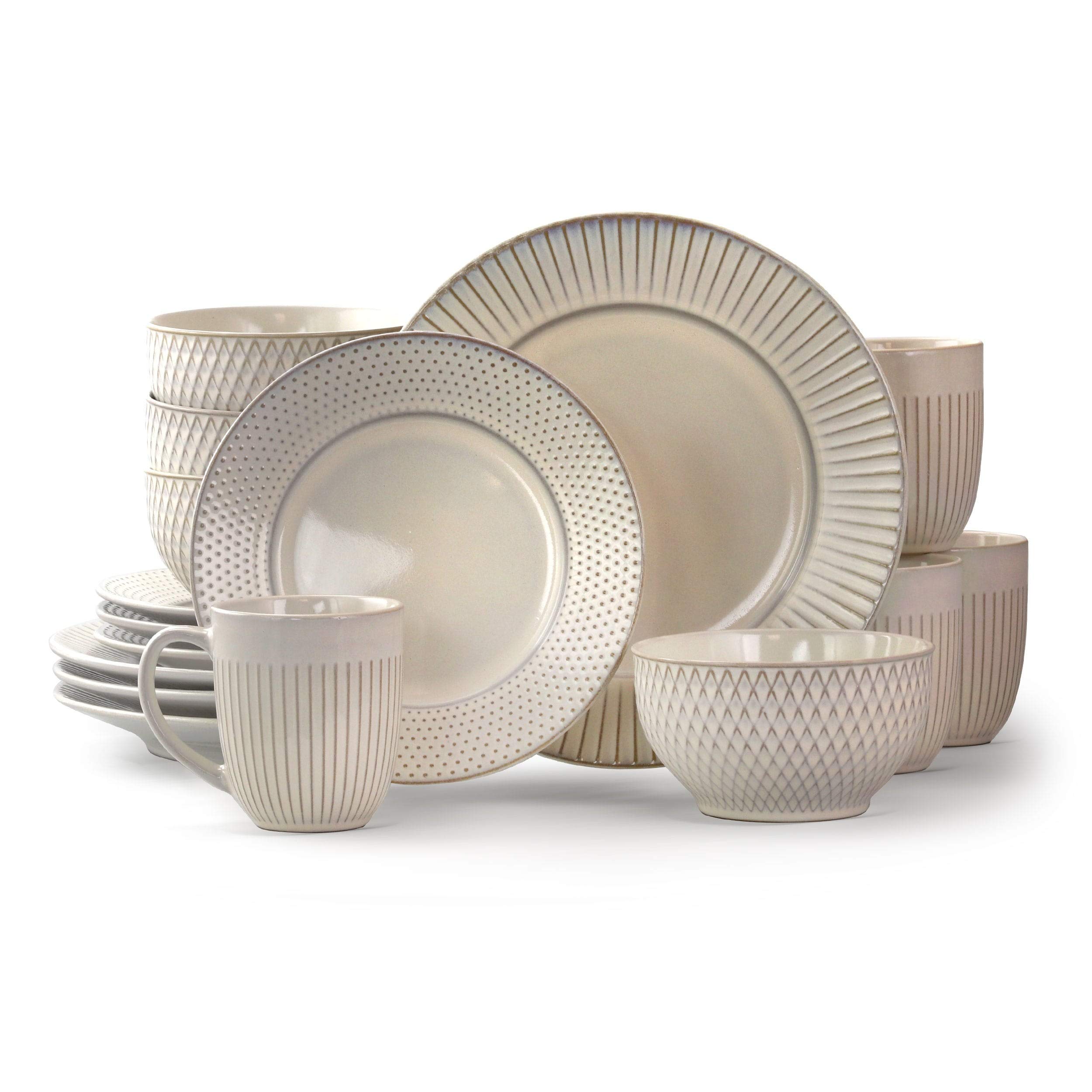 **16-Piece Embossed White Beige Stoneware Dinnerware Set - Microwave Safe, Casual Round Plates & Bowls - Perfect for Family Dinners, Restaurants & Everyday Use**
