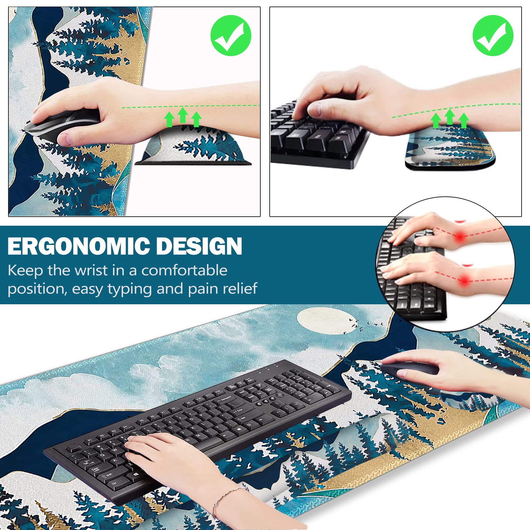 ARTSO Large Gaming Mouse Pad Set - Extended Mousepad (35x15.5in) with Keyboard Wrist Rest & Mouse Wrist Cushion, Non-Slip Desk Mat with Coaster - Abstract Mountain Design for PC Gaming & Office Work