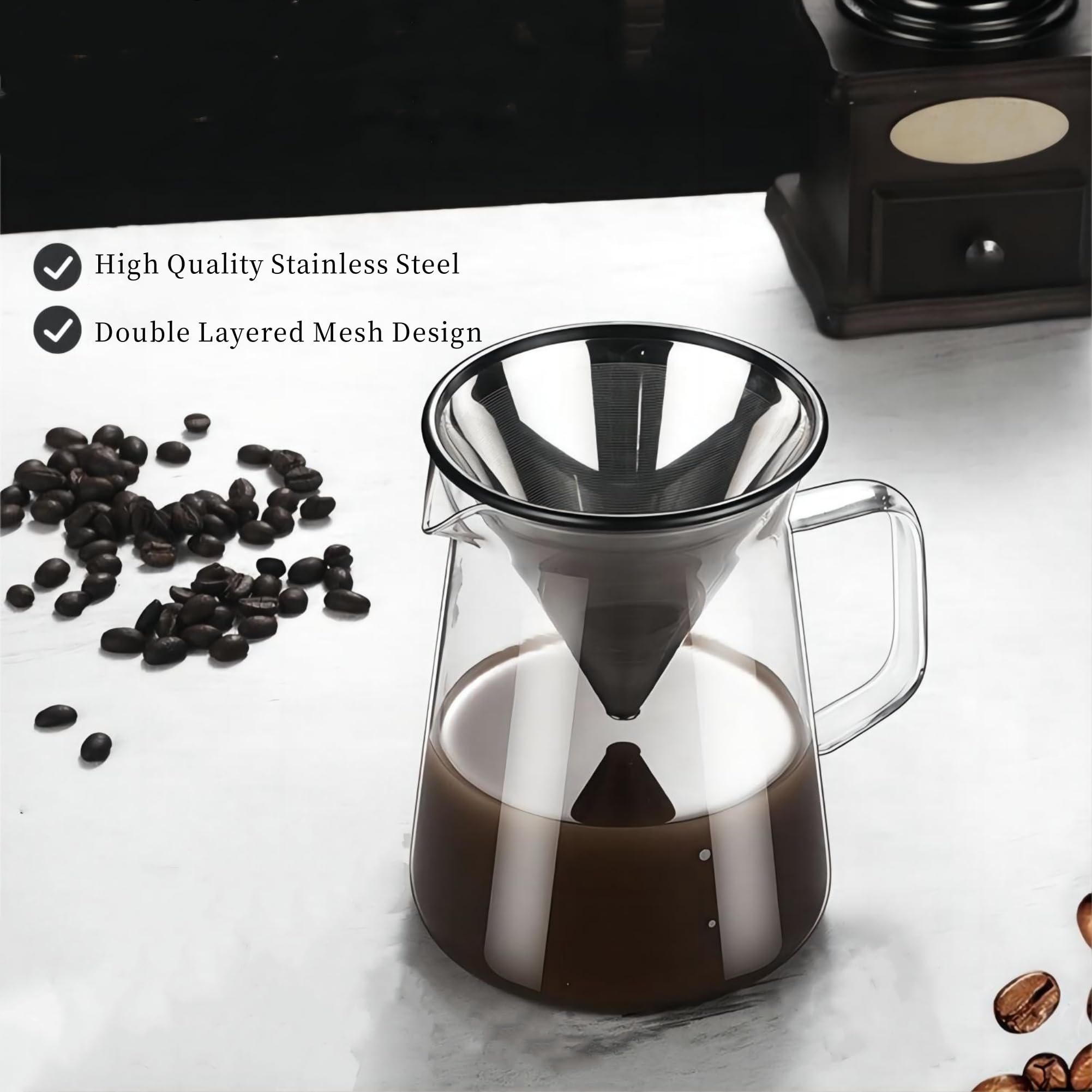 Stainless Steel Pour Over Coffee Dripper - Reusable Paperless Coffee Filter Cone for Home Brewing | Perfect for Camping, Office & Specialty Coffee Lovers