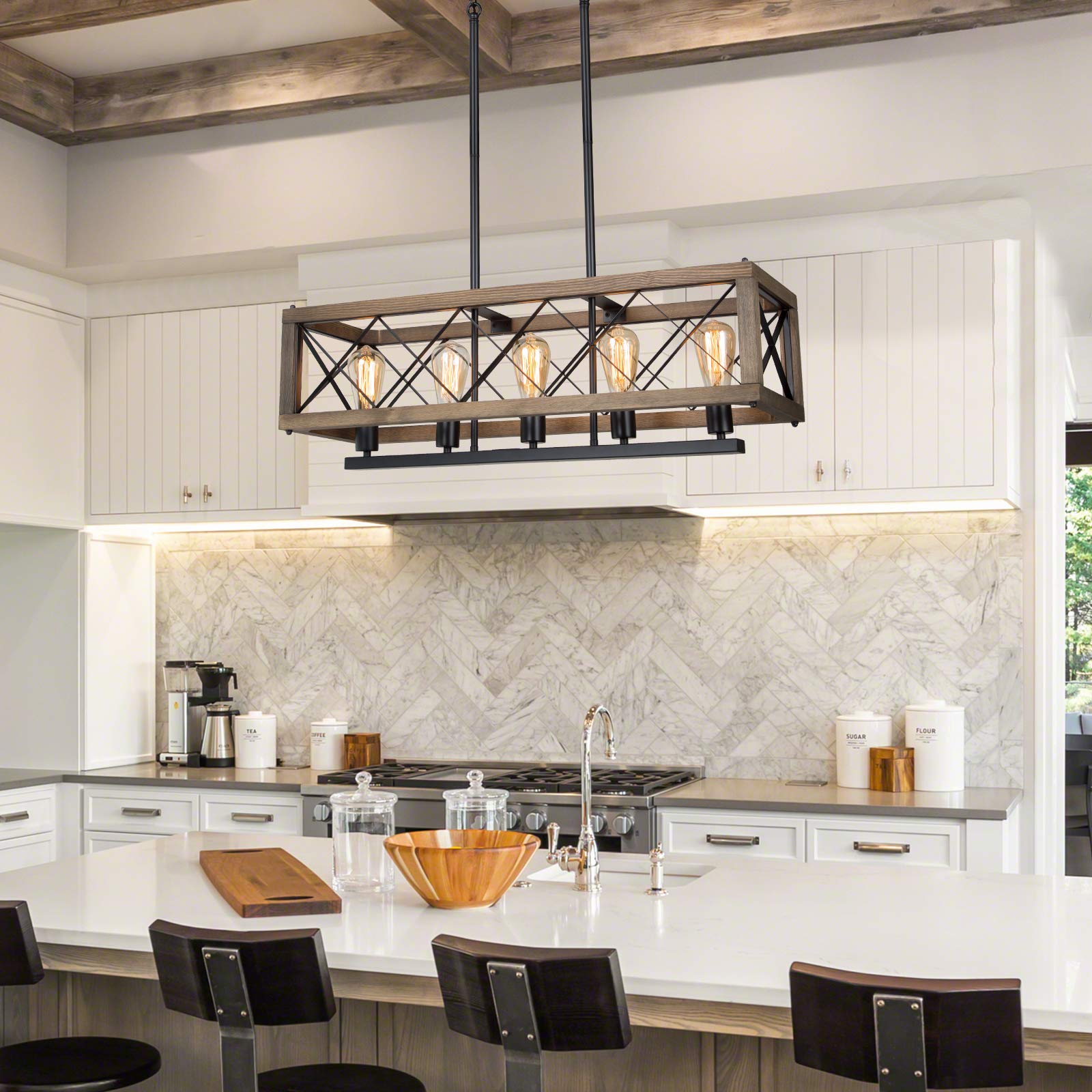 LALUZ 5-Light Farmhouse Chandelier - 32 Inch Rustic Wood Ceiling Light Fixture for Dining Room & Kitchen Island Lighting | Perfect for Country Style Home Decor & Farmhouse Interior Design