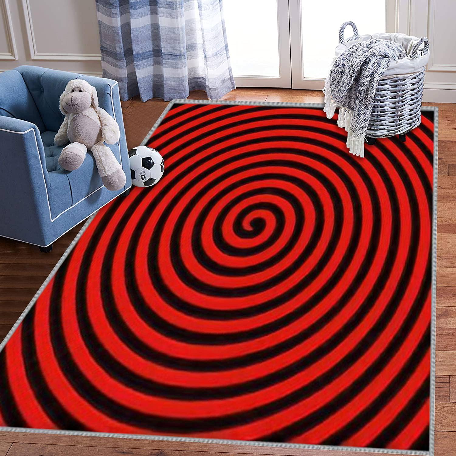 Kids Play Area Rugs - 5x8 ft Extra Large Round 3D Abstract Vortex Carpet for Boys & Girls | Hypnotic Spiral Design in Black & Red | Perfect for Bedroom, Playroom, Nursery Décor | Learning & Playing Mat for Toddlers & Children