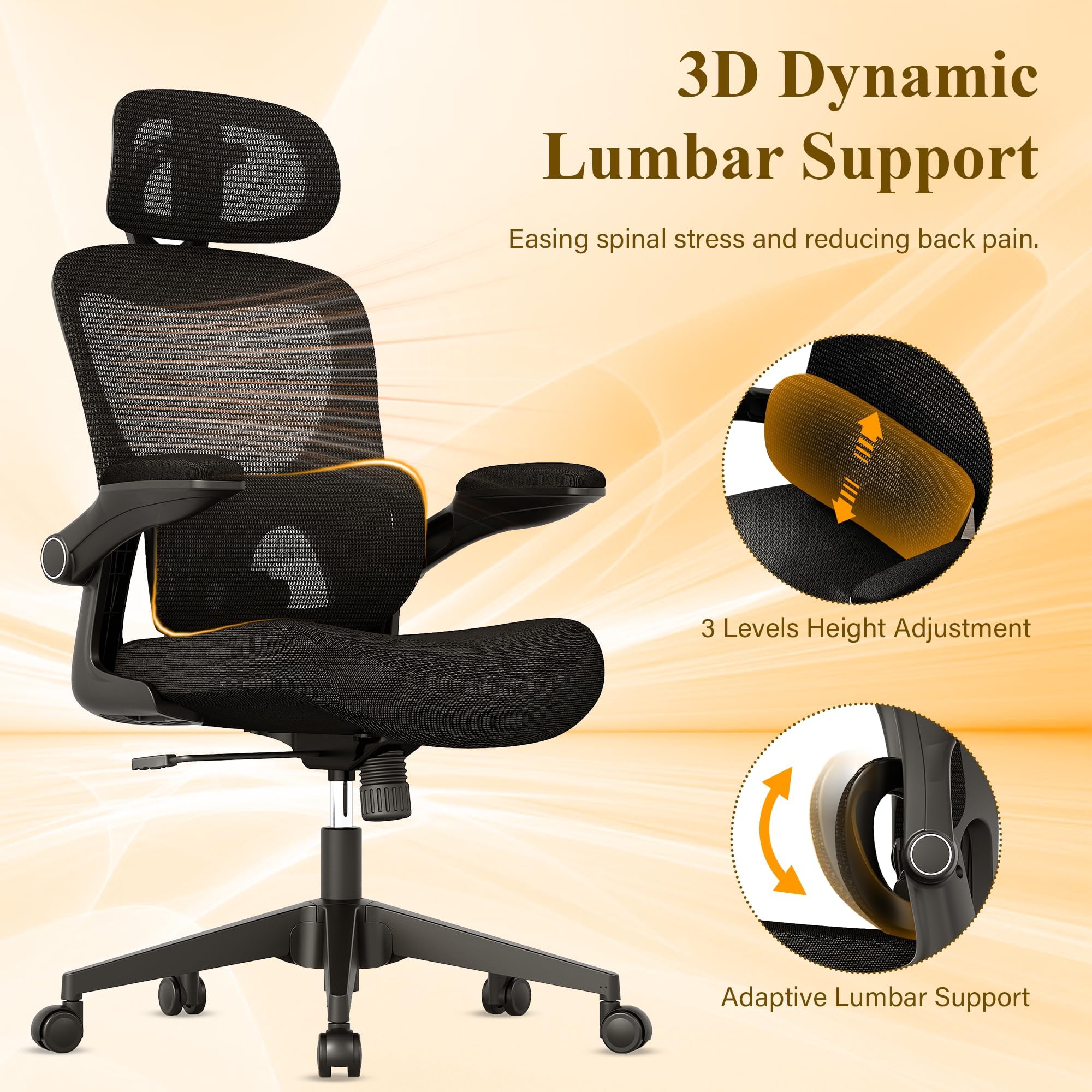 Premium Ergonomic Office Chair - High Back Mesh Computer Gaming Chair with Adjustable Lumbar Support, Flip-Up Arms & Headrest | BIFMA Certified for Home Office, Gaming & Workspaces | Tilt Function, Wide Seat Cushion & Smooth Swivel Wheels for All-Day Comfort