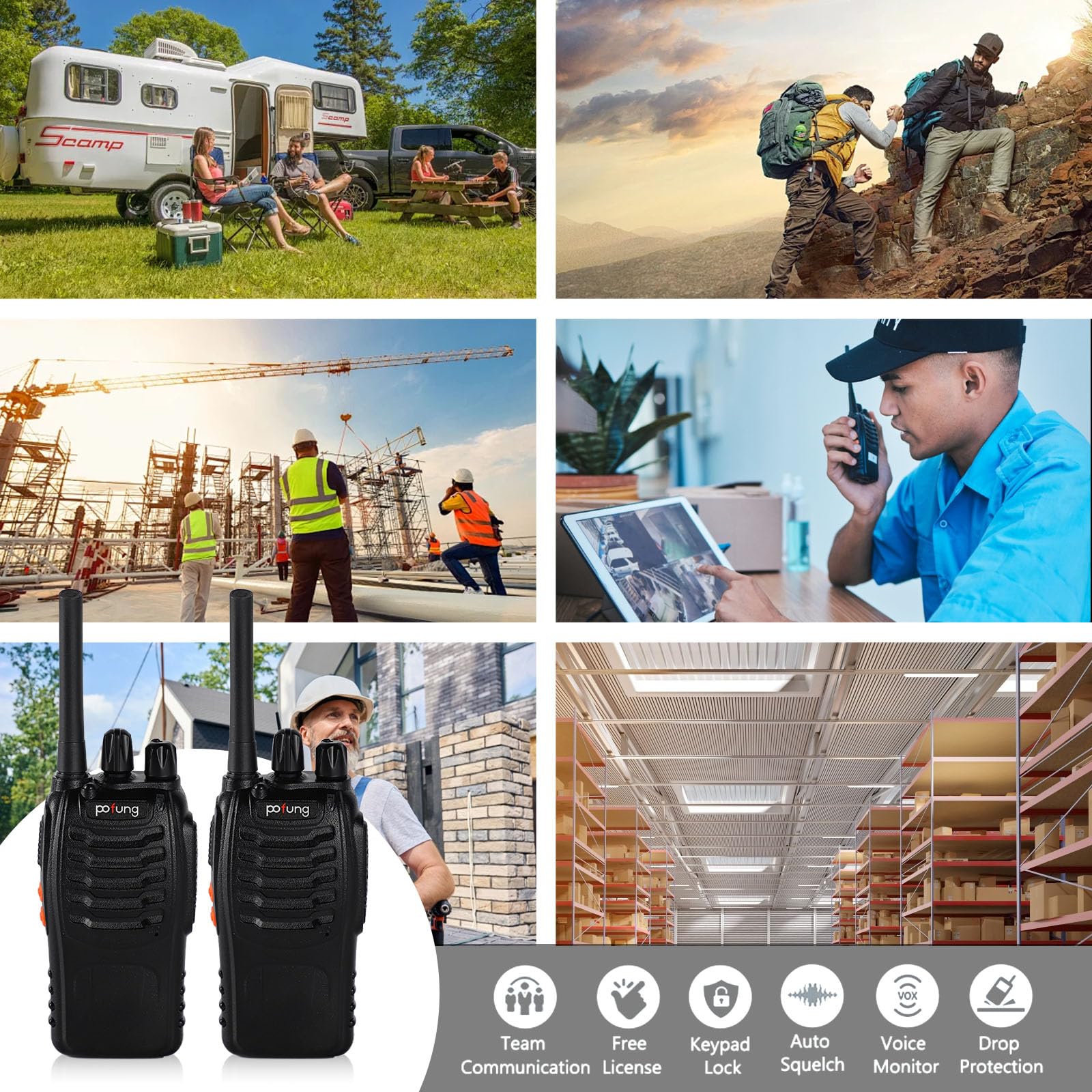 Professional PMR446 Baofeng Walkie Talkie - 16 Channel Long Range Two-Way Radio with 1500mAh Rechargeable Battery, LED Flashlight & Headset (2 Pack) - Ideal for Outdoor Adventures, Construction Sites & Emergency Communication