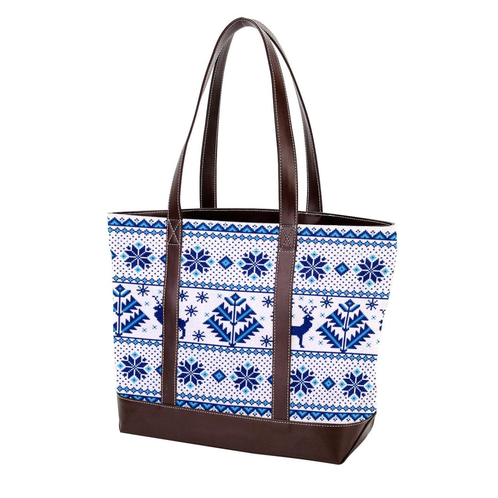 Floral Blue Leather Canvas Tote Bag for Women - Large Top Handle Shoulder Satchel Hobo Purse - Perfect for Work, Travel & Shopping