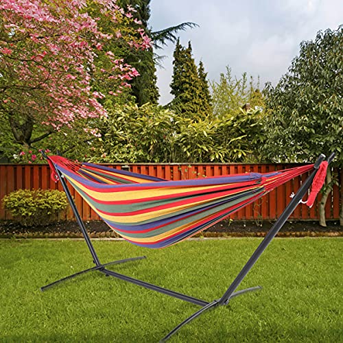 9ft Double Cotton Portable Hammock with Stand - Heavy Duty Space Saving Steel Frame (450 lb Capacity) - Red Striped Hammock with Rope - Perfect for Patios, Backyards, Camping & Outdoor Relaxation