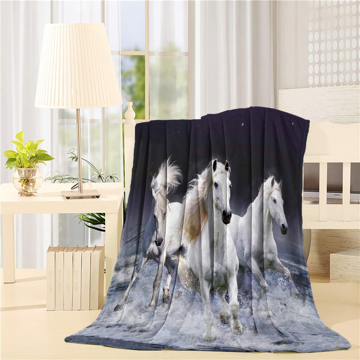 CozyShower Comfort Throw Blanket - Soft Lightweight Flannel Blanket with Crazy White Horses Design, 49