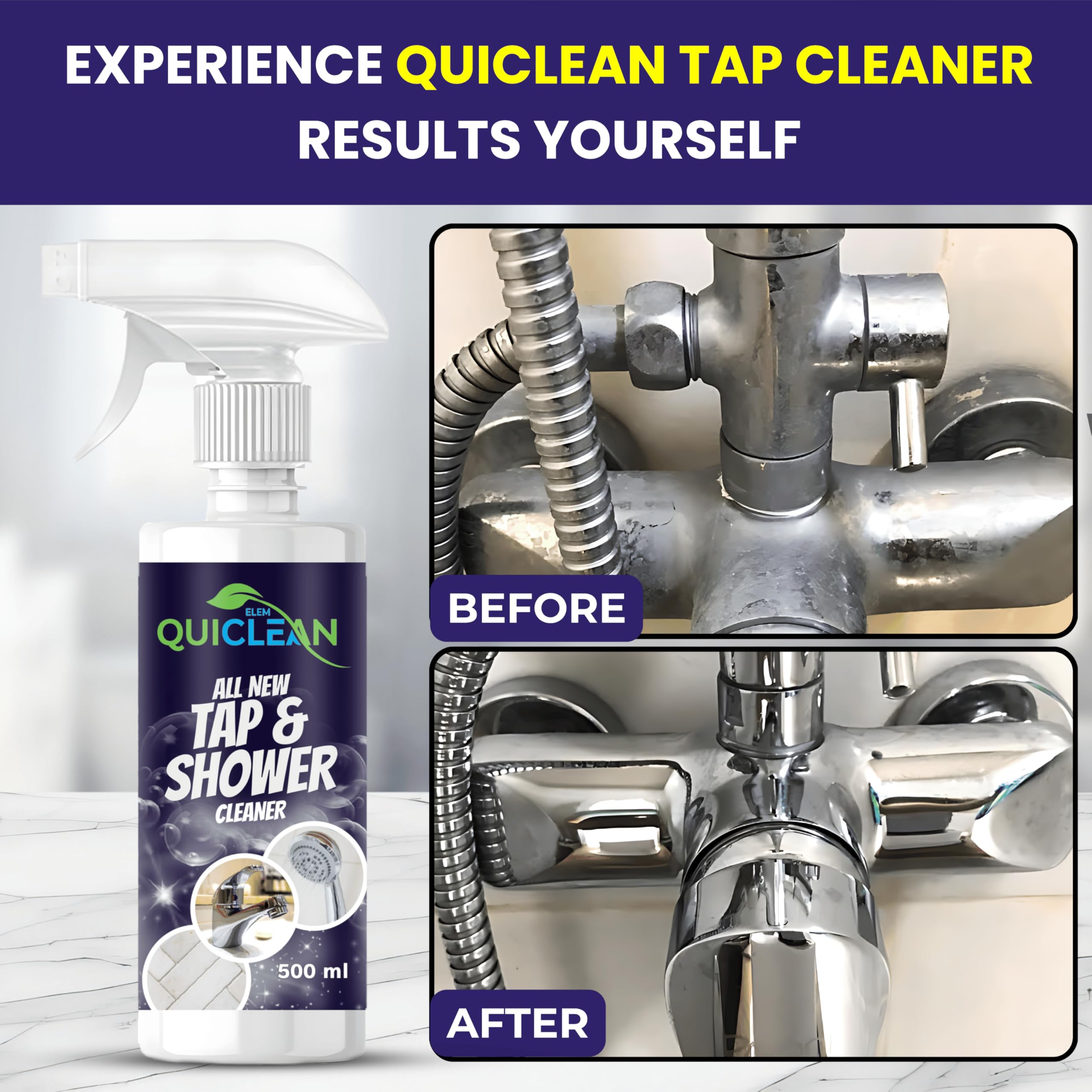 Quiclean 500ML Tap & Shower Cleaner - Powerful Limescale & Hard Water Stain Remover for Kitchen & Bathroom Fixtures, Tiles, Sinks | Fast-Acting Descaler for Sparkling Clean Taps & Showers | Ideal for Daily Cleaning & Tough Stain Removal