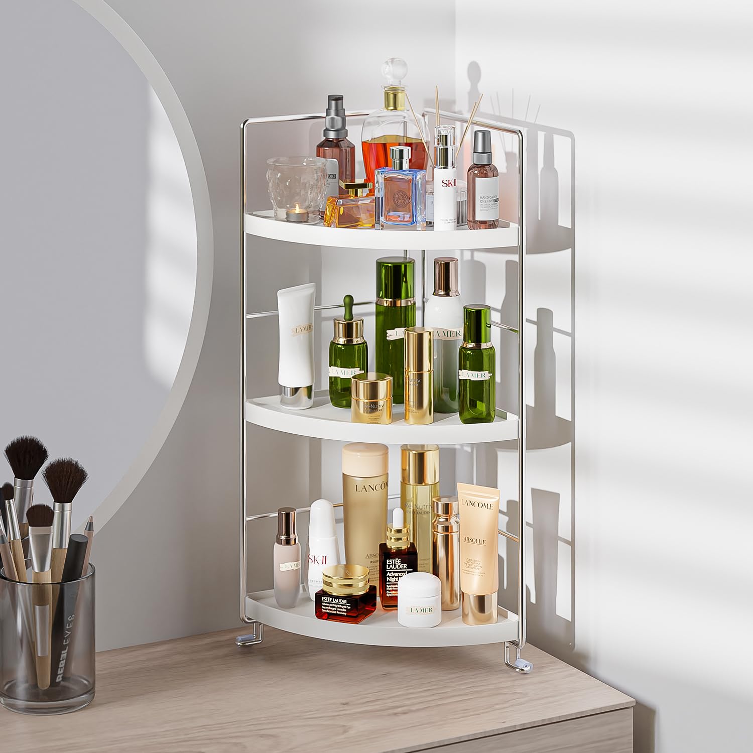 3-Tier Corner Spice Rack - White Kitchen & Bathroom Organizer for Spices, Cosmetics & Makeup - Space-Saving Countertop Shelf for Vanity, Pantry & Small Spaces