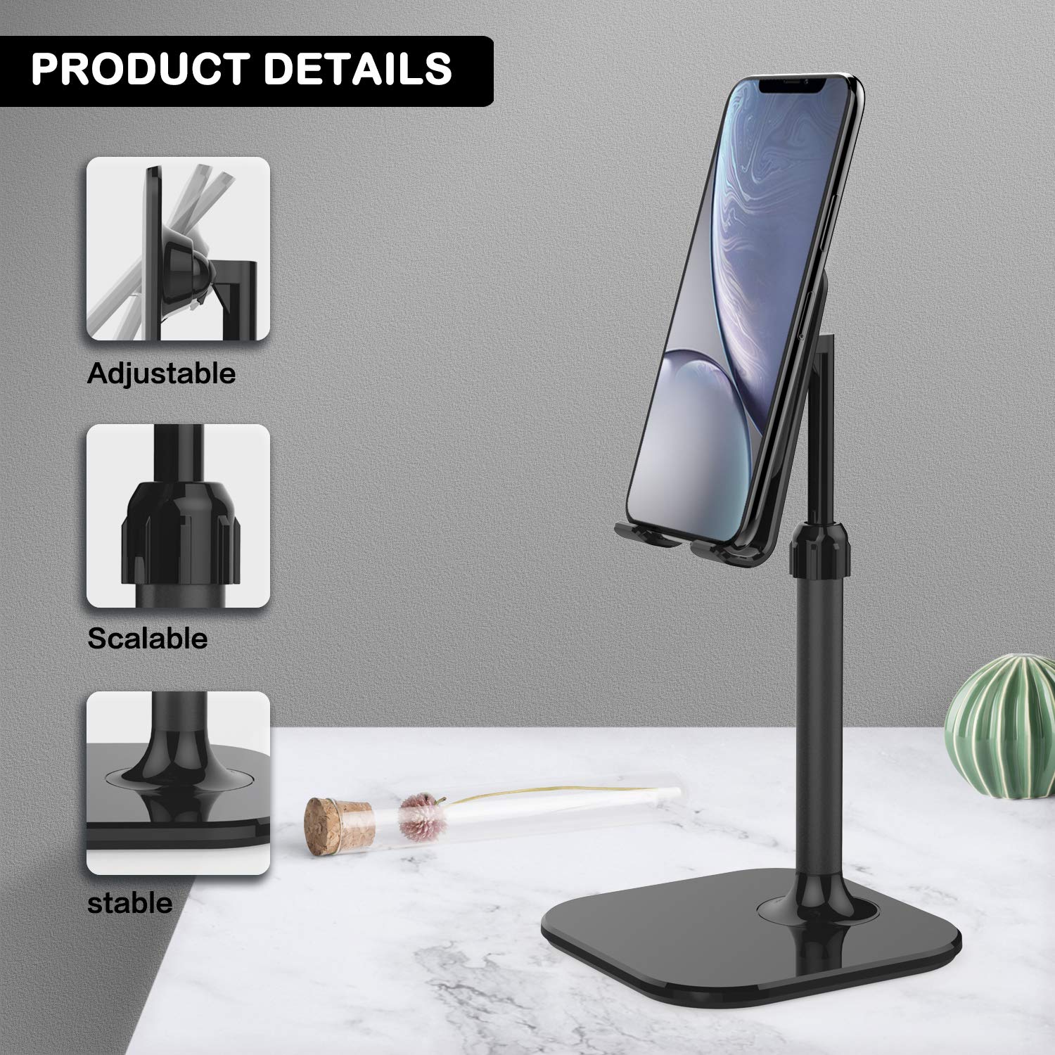 Doboli Adjustable Cell Phone Stand for Desk - Universal Phone Holder Compatible with iPhone, Samsung, All Smartphones & Tablets (Black) - Perfect for Home Office, Video Calls & Hands-Free Viewing