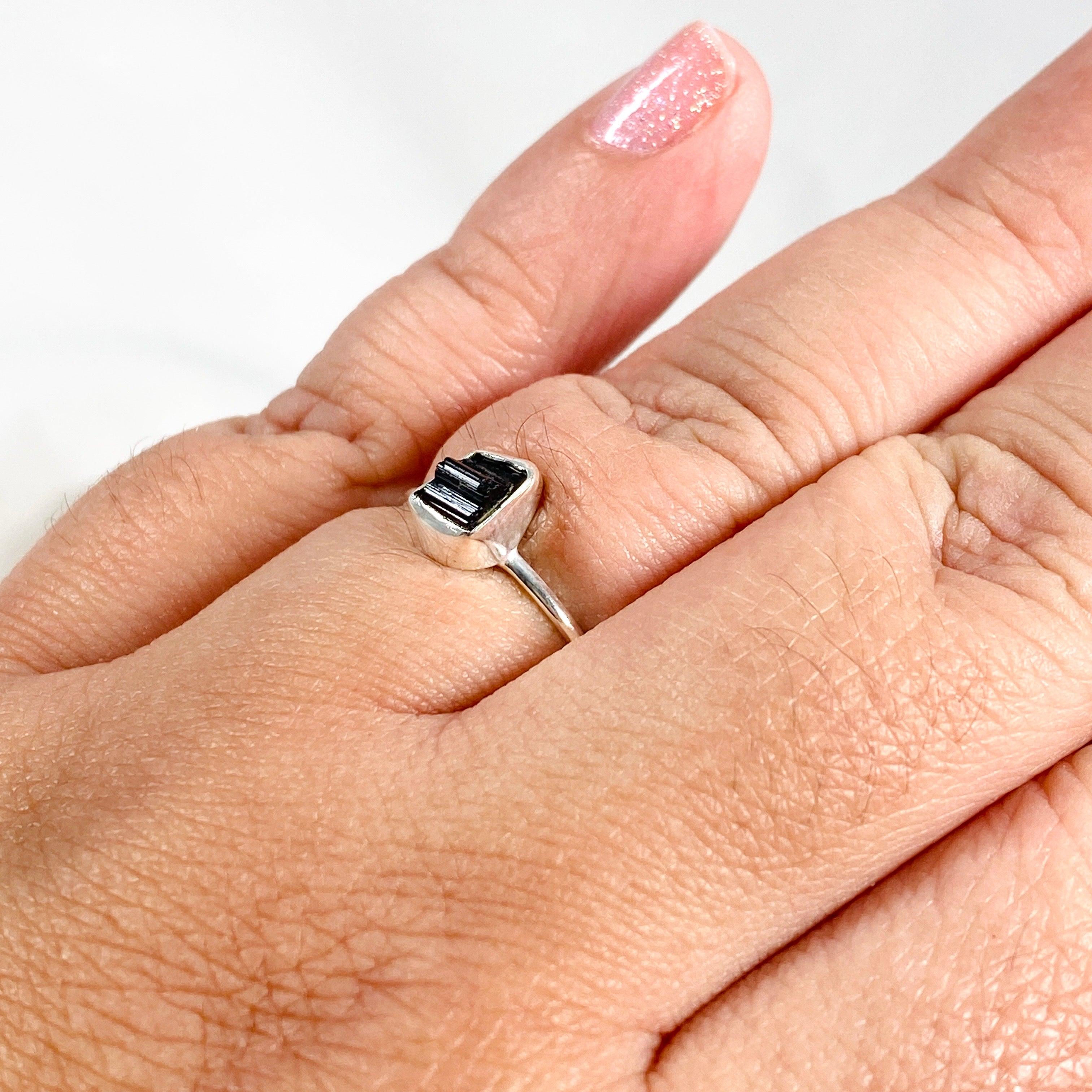 Black Tourmaline Raw Crystal Ring for Women - Natural Stone Fine Band Jewelry R3701 BT - Perfect for Healing, Protection & Everyday Wear