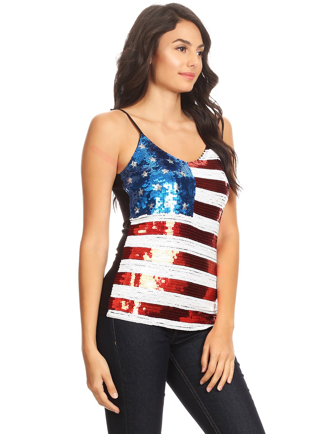 Anna-Kaci Women's Patriotic USA Flag Sequin V-Neck Cami Tank Top - American Flag Shirt for 4th of July, Independence Day & Summer Parties