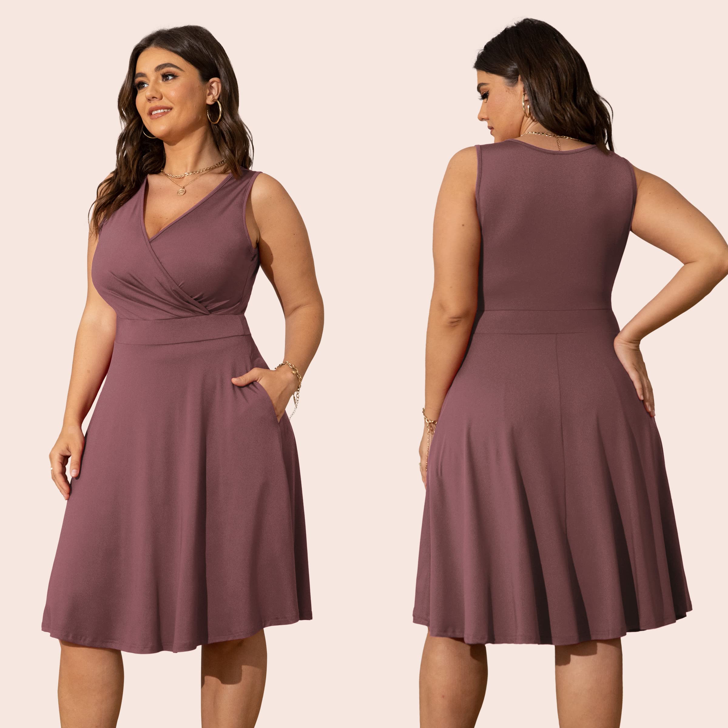 POSESHE Women's Plus Size Sleeveless Wrap V-Neck Sundress - Casual Summer Wedding Guest Cocktail Dress with Pockets | Perfect for Beach Vacations, Garden Parties & Date Nights