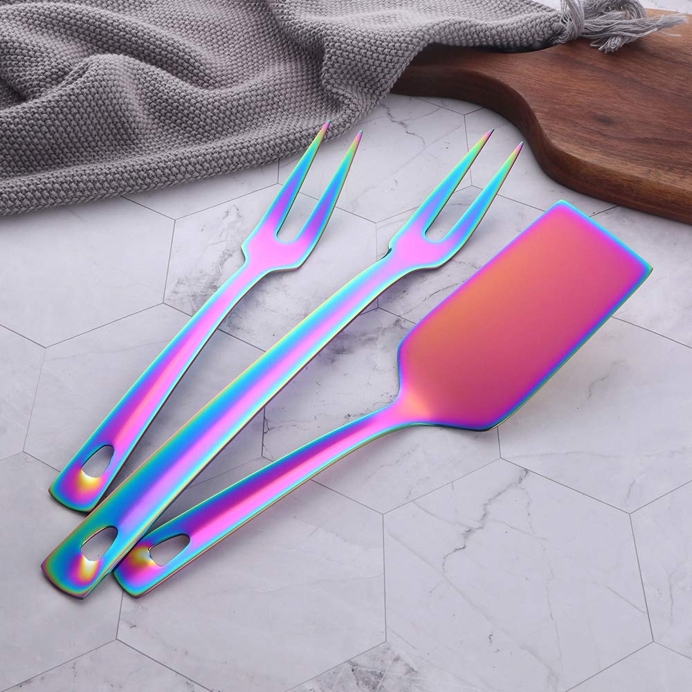 BuyGo 12-Piece Stainless Steel Kitchen Utensil Set - Rainbow Cooking Tools with Hanging Loop, Mirror Polish & Dishwasher Safe - Perfect for Baking, Cooking & Kitchen Organization