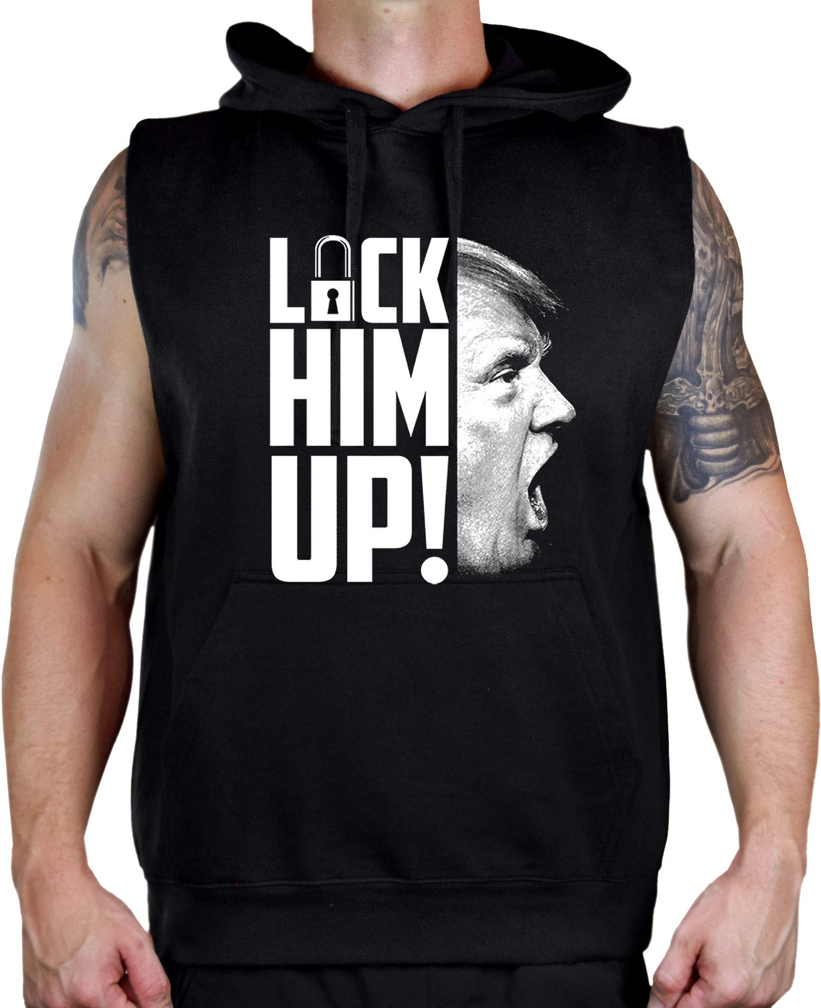 Trump 'Lock Him Up' Sleeveless Hoodie Vest for Men - Black Political Statement Apparel - Perfect for Rallies, Protests & Patriotic Events