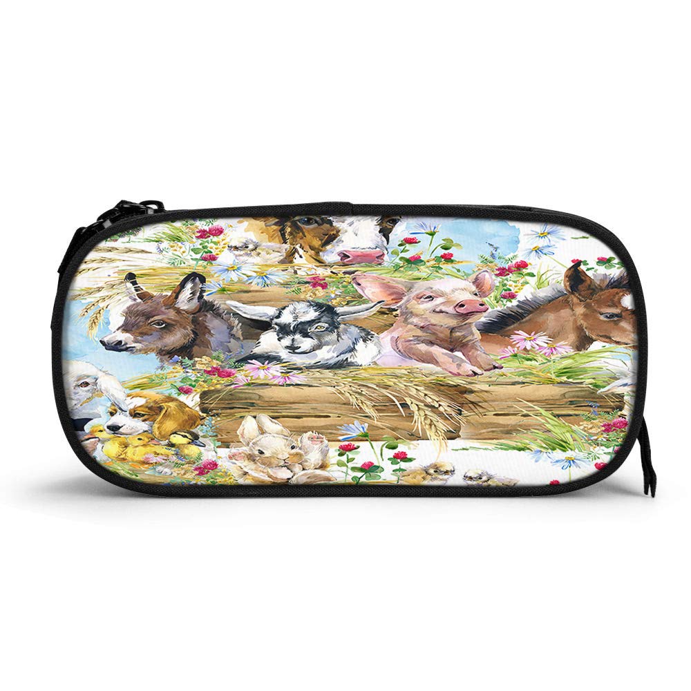 Moslion Farm Animals Pencil Case - High Capacity Rustic Country Style Floral Design with Cute Dog, Cow, Pig & Horse - Durable Zipper Pouch for School, Office, Travel & Daily Use | Perfect for Students, Boys & Girls
