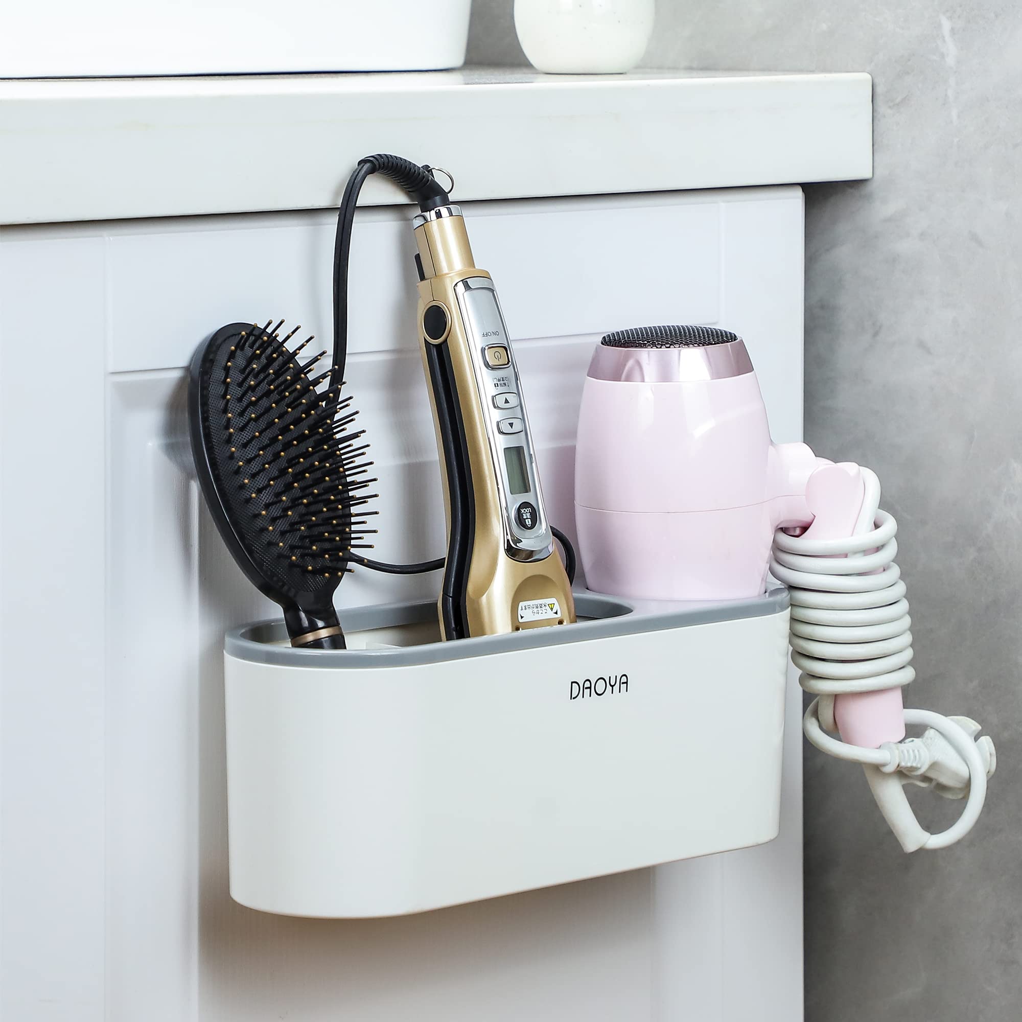 3-in-1 Hair Dryer Holder & Hot Tool Organizer for Bathroom - Blow Dryer, Curling Iron & Straightener Storage - Perfect for Cabinet Door Mount & Styling Tools Organization