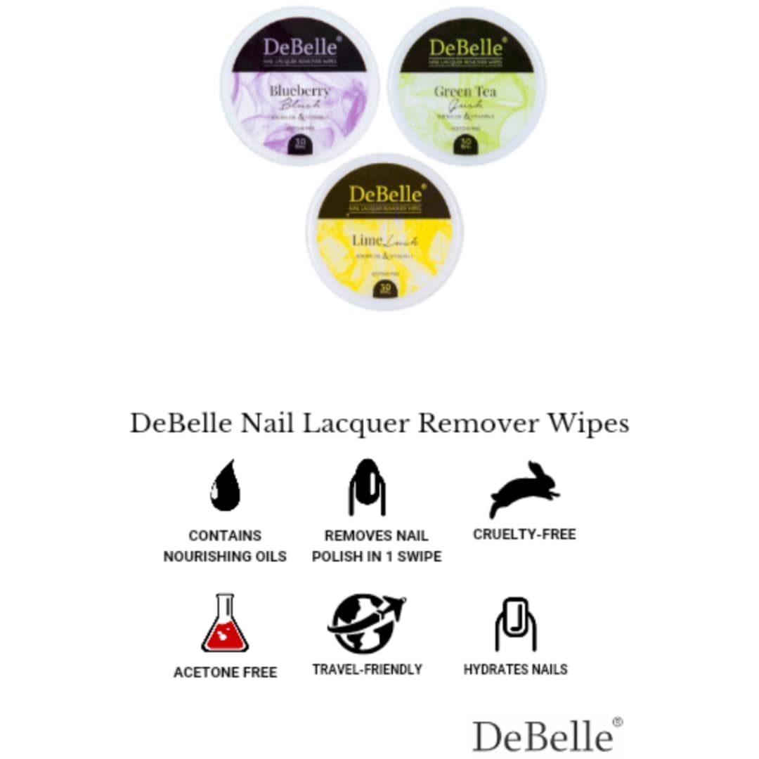 DeBelle Acetone-Free Nail Polish Remover Wipes with Jojoba Oil, Olive Oil & Vitamin E - Lime Lush (30 Pads) | Gentle Nail Care for Home, Travel & Salon Use