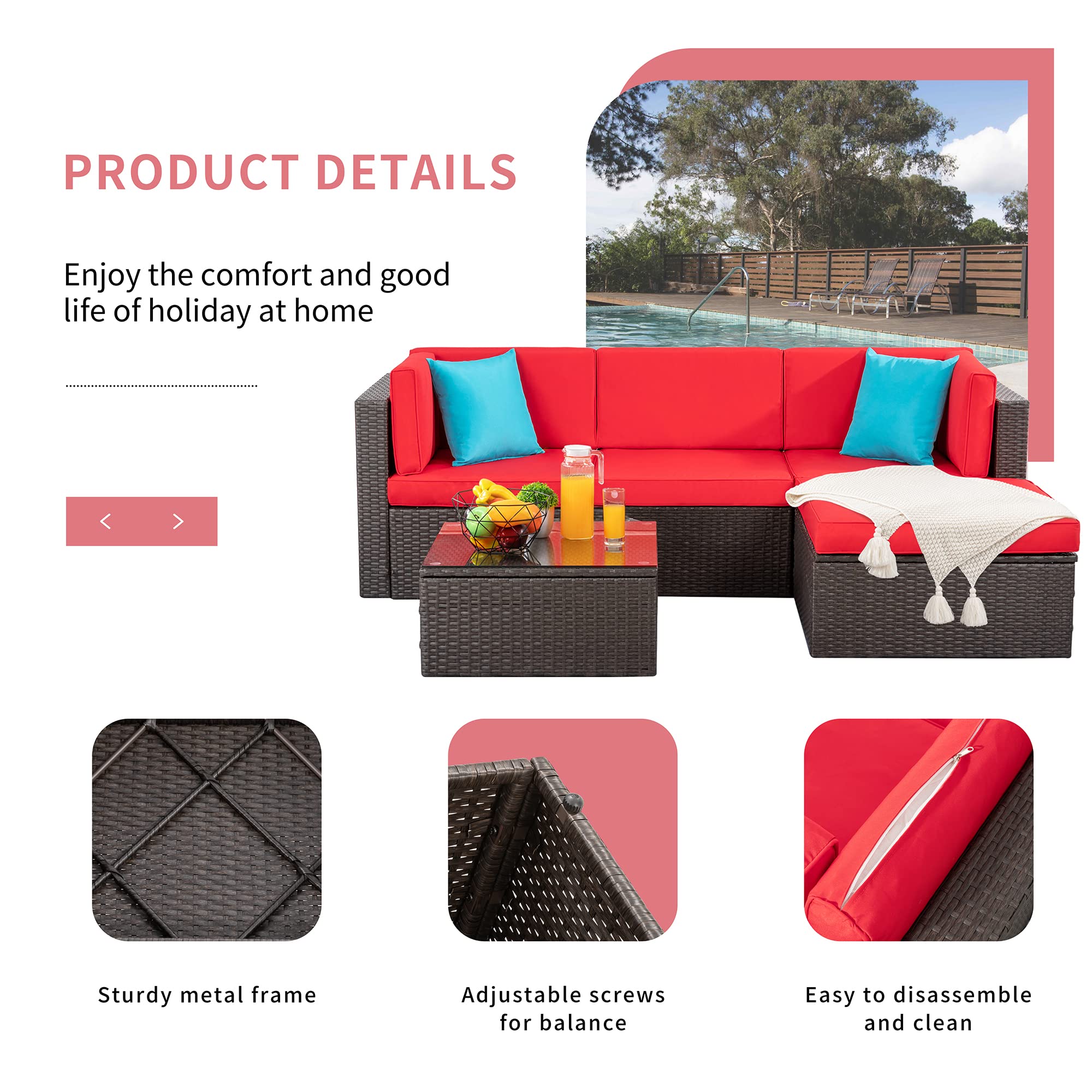 5-Piece All-Weather Outdoor Patio Furniture Set - PE Rattan Sectional Sofa with Glass Coffee Table, Ottoman & Red Cushions - Perfect for Garden, Poolside & Backyard Relaxation