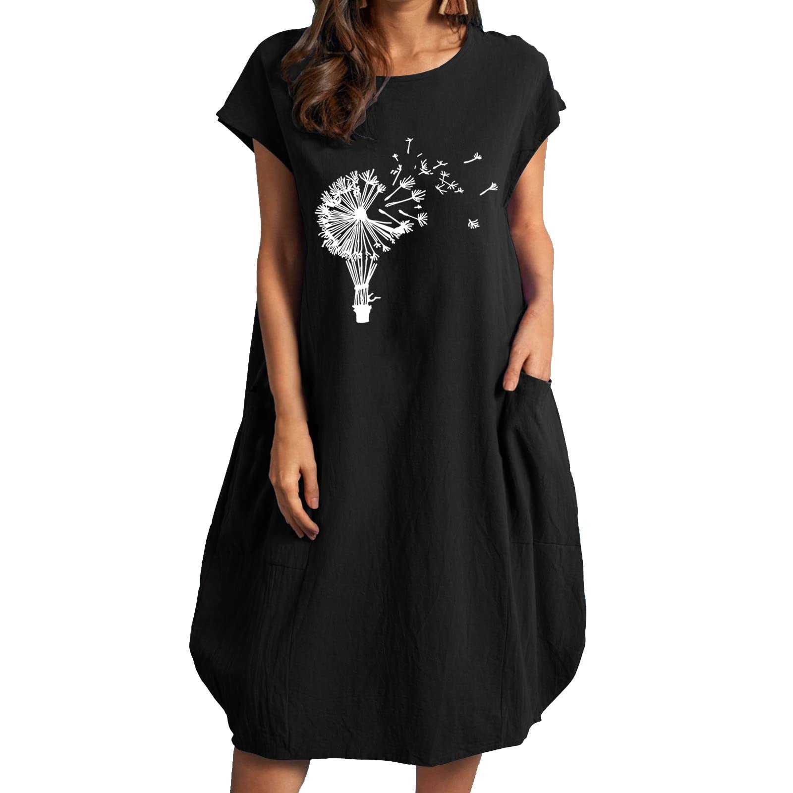Women's Floral Printed Midi Dress - Loose Fit Short Sleeve Cotton Linen Sundress with Pockets, Round Neck Knee-Length Summer Dress (Black, Medium) | Perfect for Beach Outings, Casual Wear, and Summer Vacations