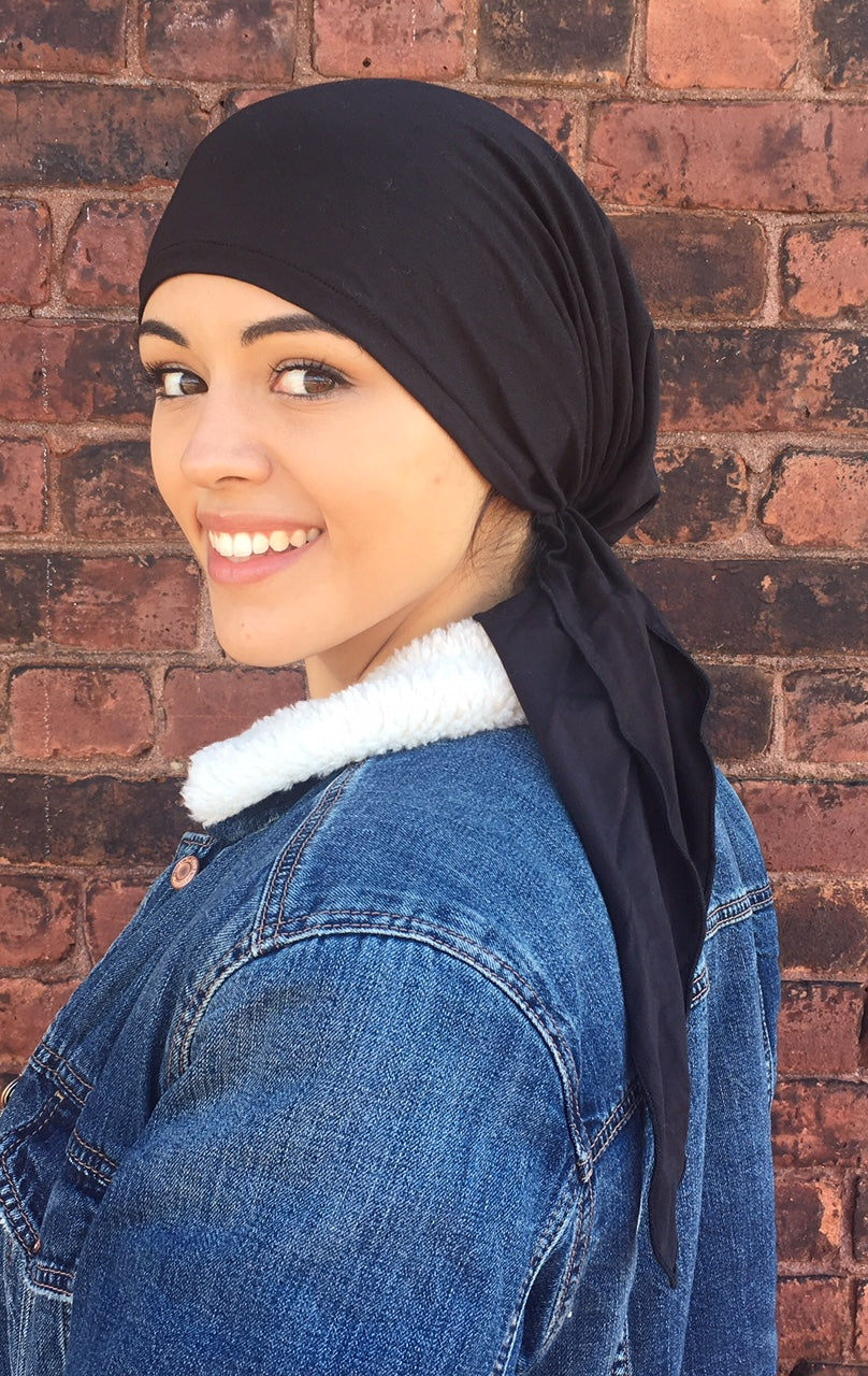 Lightweight Black Lycra Spandex Hijab Scarf - Pre-Tied Muslim Head Cover with 12 Inch Ties for Women | Perfect for Daily Wear, Prayer, Work & Outdoor Activities