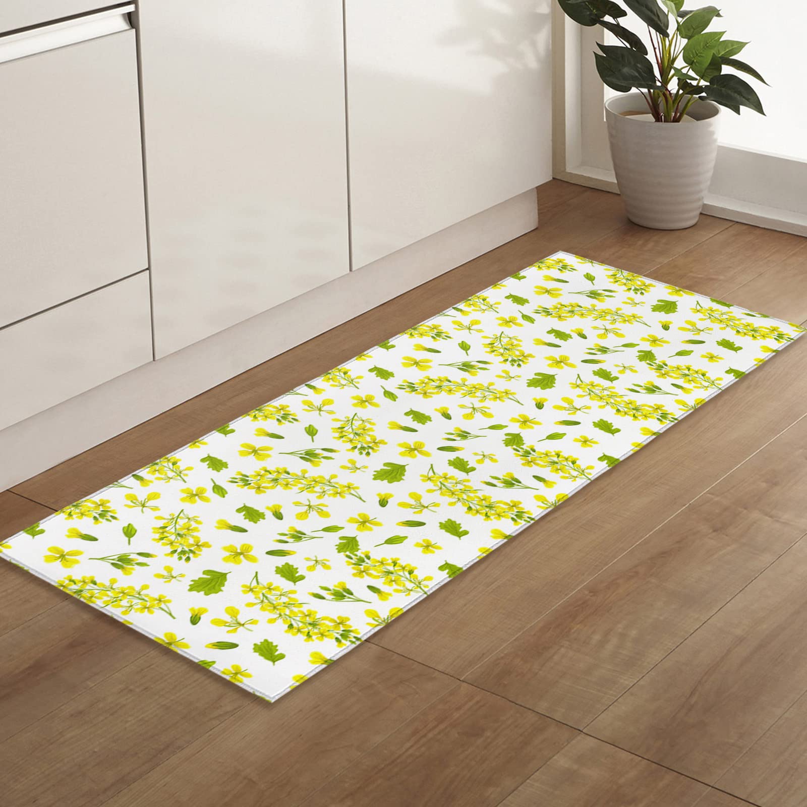 Non-Slip Runner Rug with Spring Fresh Yellow Flower & Green Leaves Print - Low Profile Hallway Carpet for Entryway, Kitchen, Laundry Room & Bedroom - 23.6
