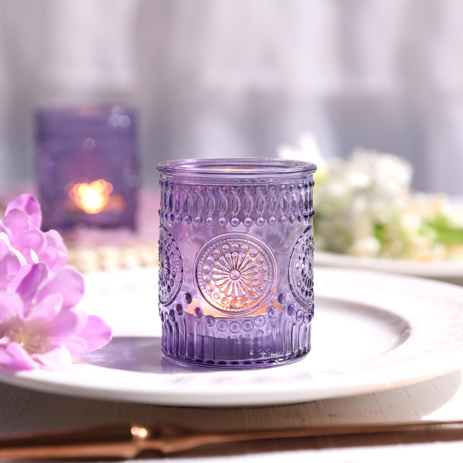 24-Piece Purple Glass Votive Candle Holders Set - Elegant Tea Light Candle Holders for Wedding, Baby Shower & Boho Party Decorations - Perfect Table Centerpieces & Unique Purple Gifts for Women - Ideal for Romantic Dinners, Spa Nights and Home Decor