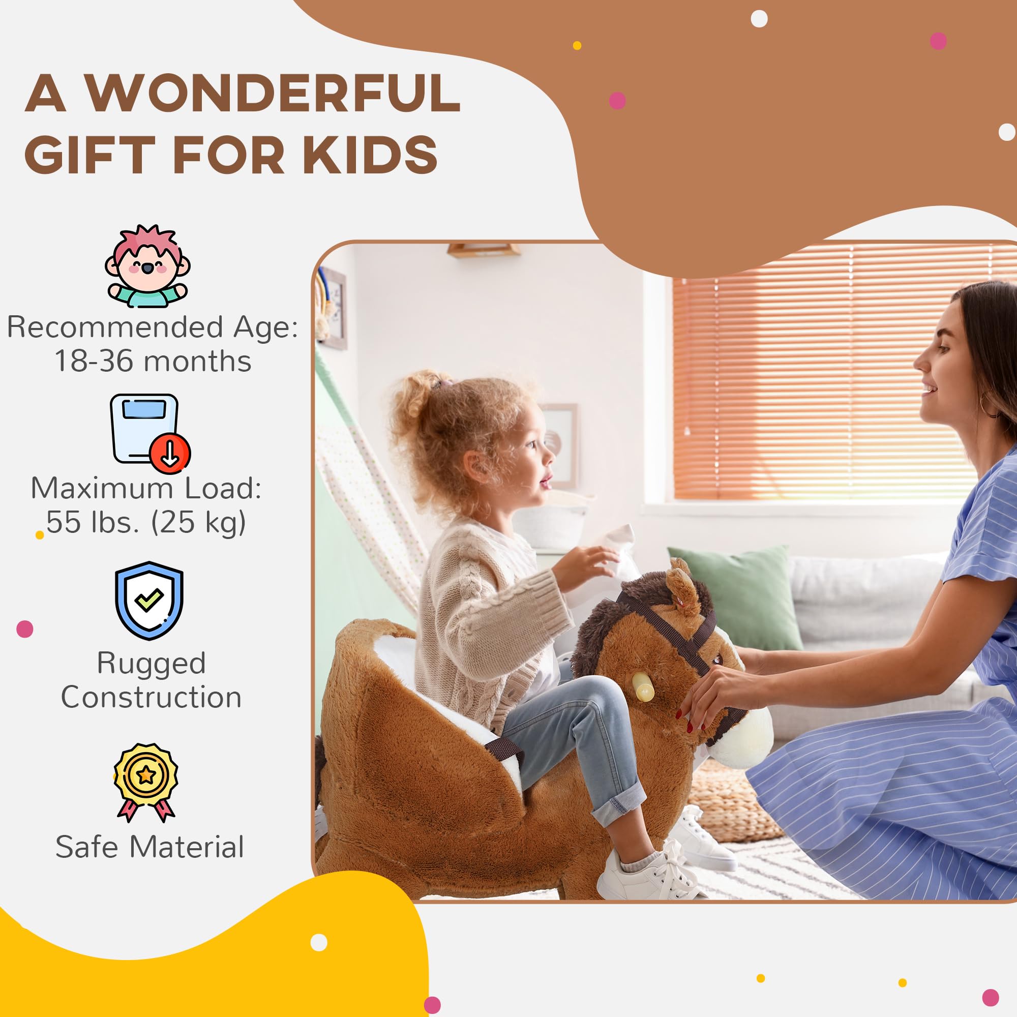 Qaba Baby Rocking Horse - Soft Plush Animal Rocker with Sound Effects, Sturdy Wooden Base & Safety Belt for Toddlers 18-36 Months (Brown) - Perfect Nursery Decor & First Ride-On Toy for Boys & Girls