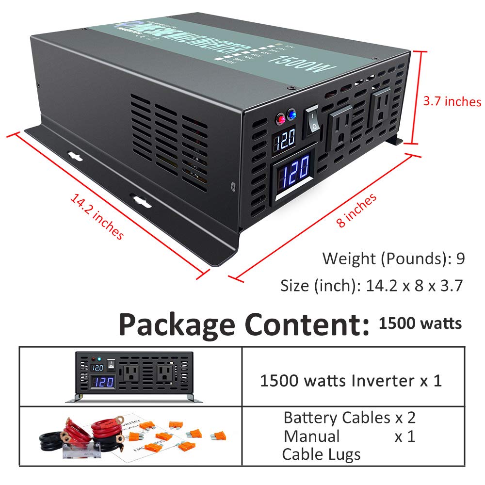 1500W Pure Sine Wave Power Inverter 12V DC to 120V AC with Remote Control - Solar Energy Converter for RV, Boat, Home & Off-Grid Power Supply