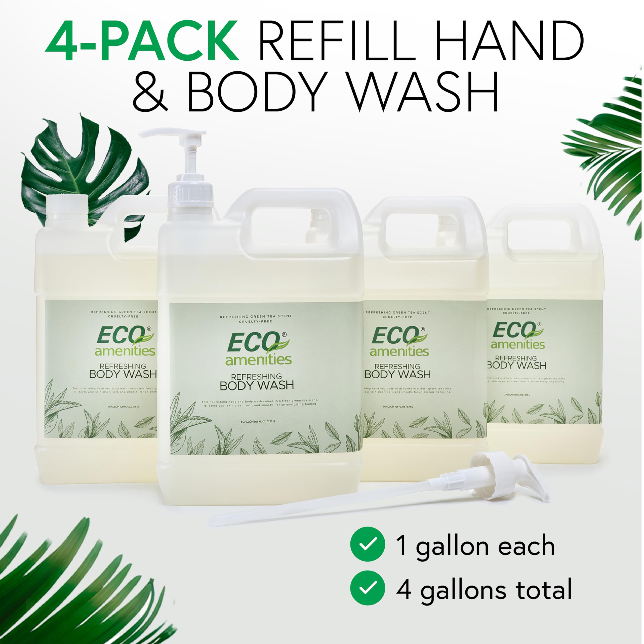 Eco-Friendly 1 Gallon Hand & Body Wash Refill - Green Tea Scent (4-Pack) | Bulk Liquid Soap for Home, Spa & Commercial Use