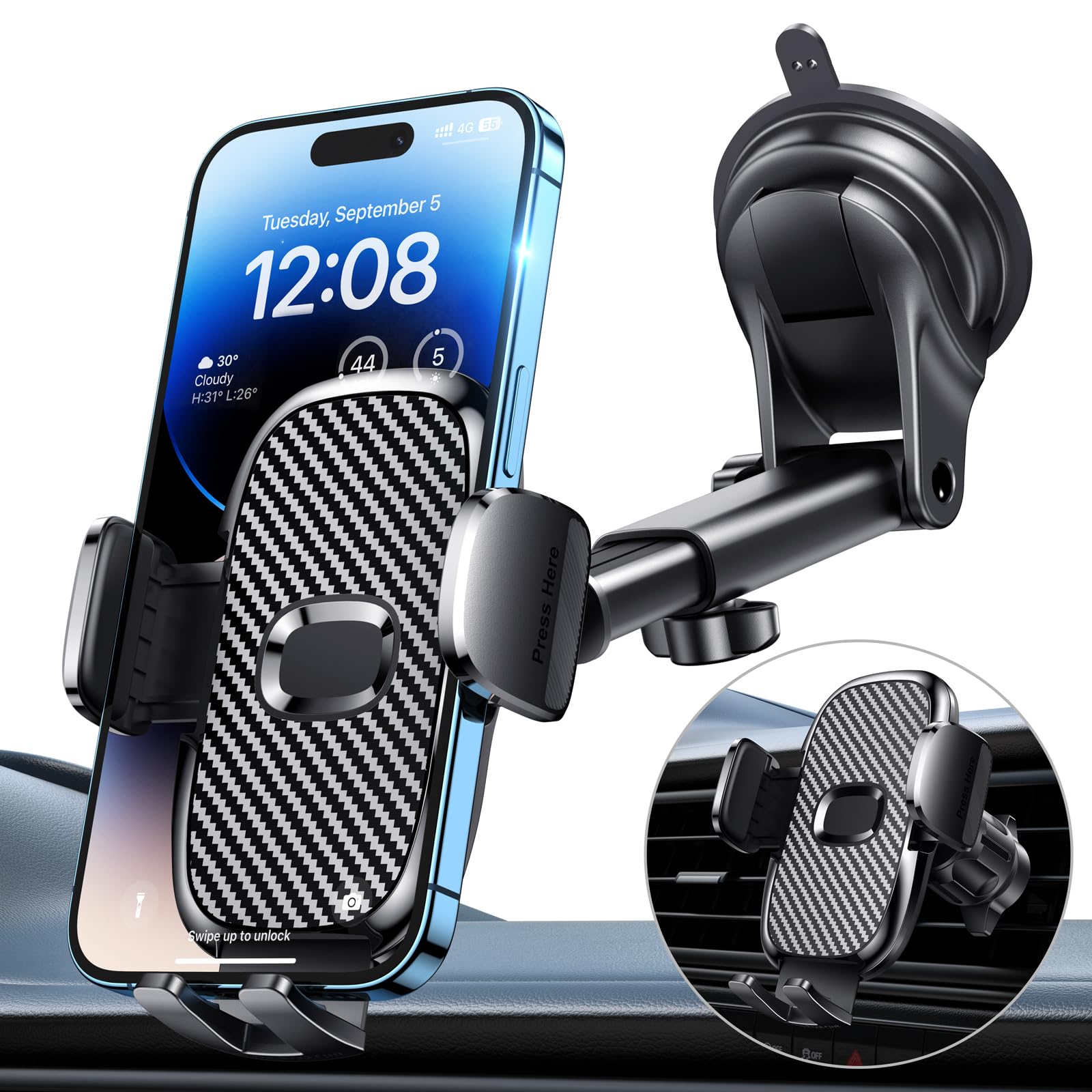 Military-Grade 360° Rotating Car Phone Holder - Universal Air Vent & Dashboard Mount for iPhone & Android Smartphones | Secure Suction Cup for Windshield & Safe Driving Accessories
