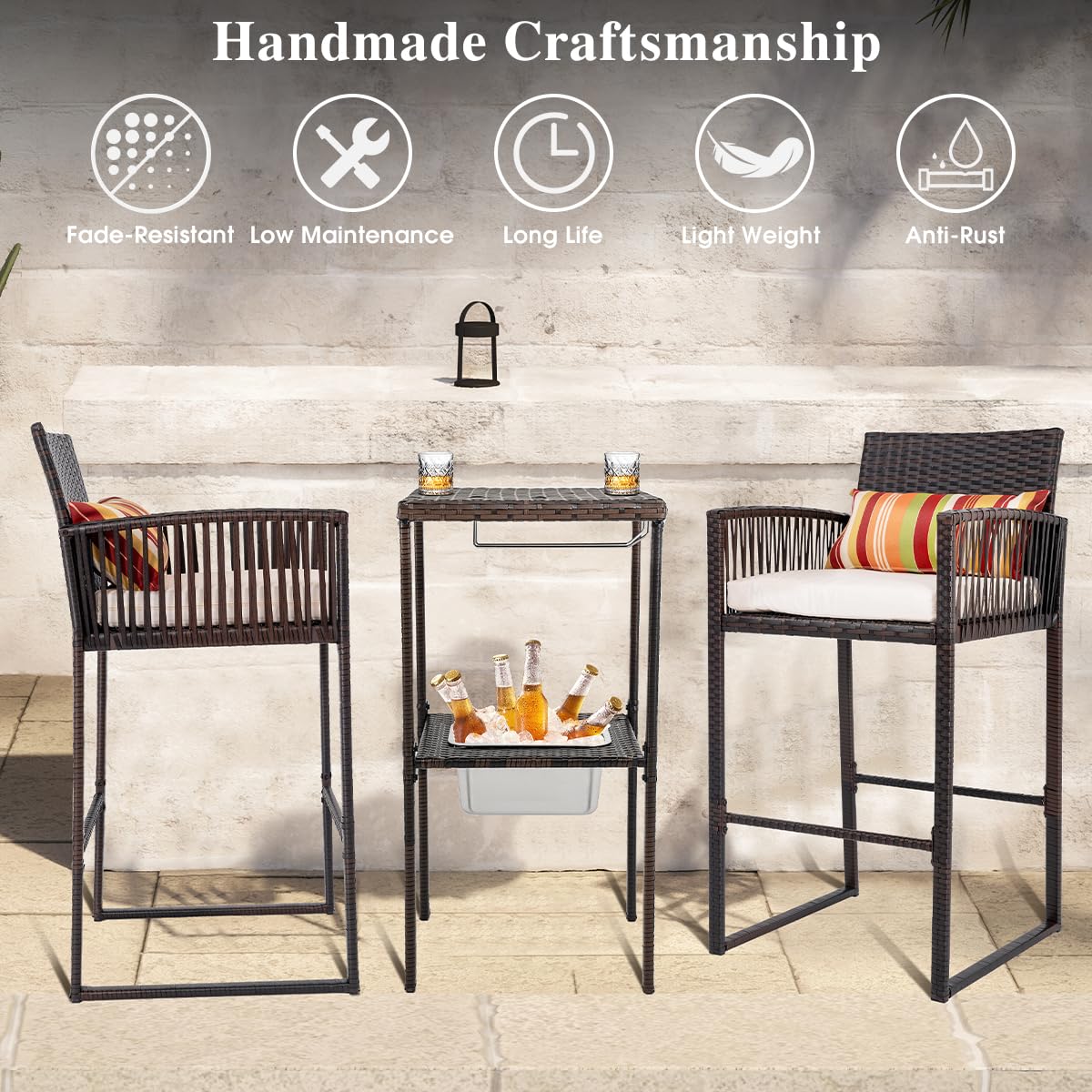 Sundale Outdoor 3-Piece Wicker Bar Set with 2 Stools, Glass Holder & Ice Bucket - Brown Rattan & Beige Cushions - High Top Bistro Dining for Patio, Garden, Poolside & Backyard Entertaining