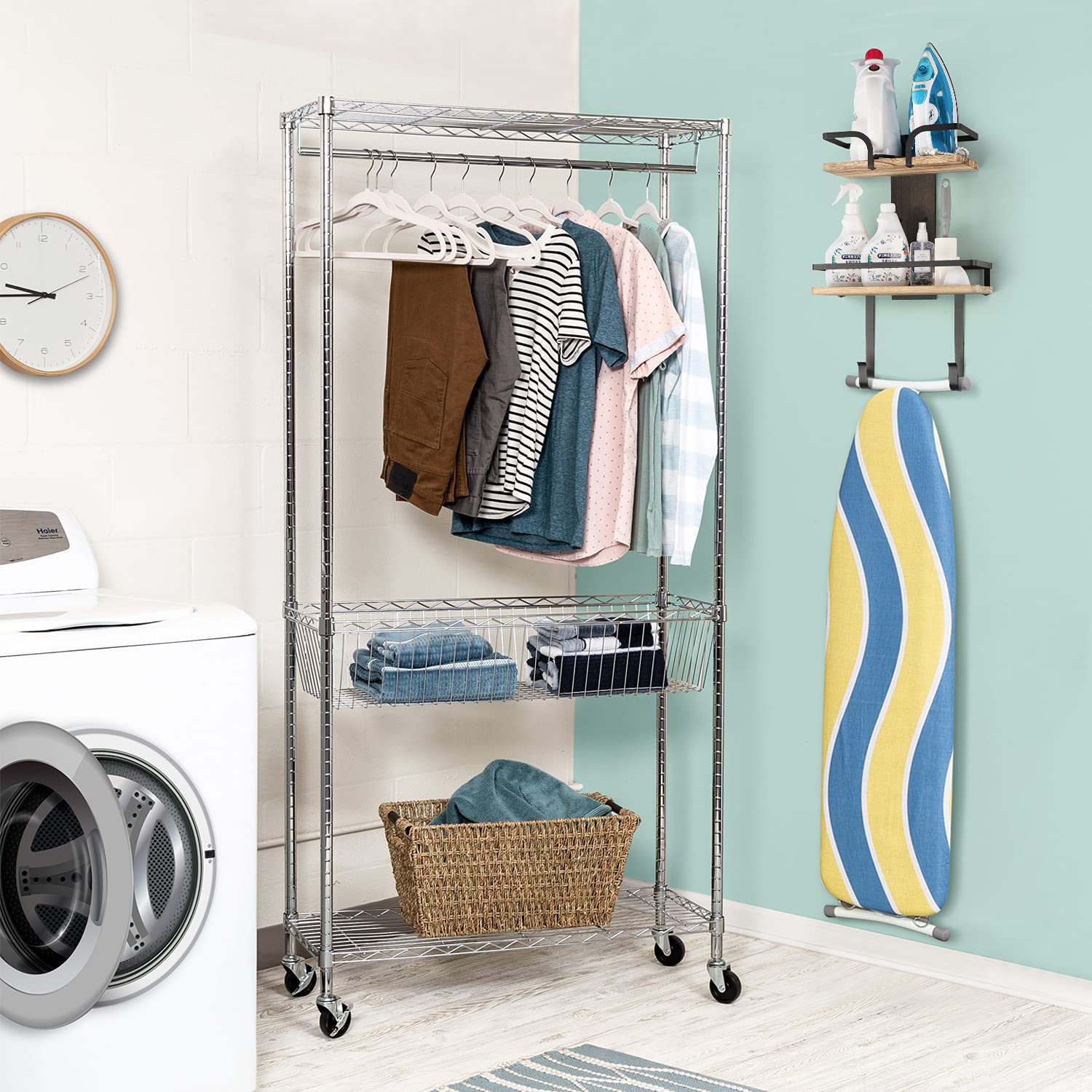 VINAEMO Wall Mount Ironing Board Hanger - 2-Layer Iron & Ironing Board Holder with Removable Hooks, Solid Wood Laundry Room Storage Shelf for Home Organization - Perfect for Small Spaces & Closet Storage