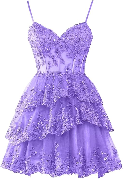Lavender Lace Homecoming Dress for Women - Elegant A-Line Short Mini Prom Dress with Layered Skirt | Perfect for Homecoming, Prom, Cocktail Parties & Special Occasions