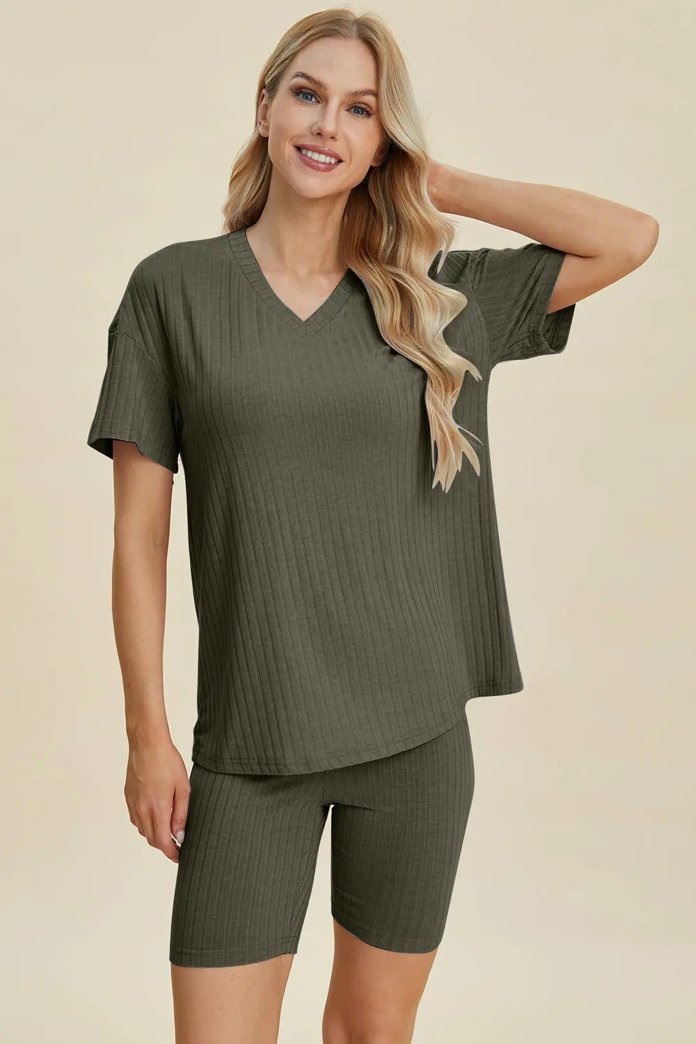 Basic Bae Full Size Ribbed V Neck Short Sleeve Top and Shorts Set - Women's Casual Summer Outfit for Beach, Lounge & Everyday Wear