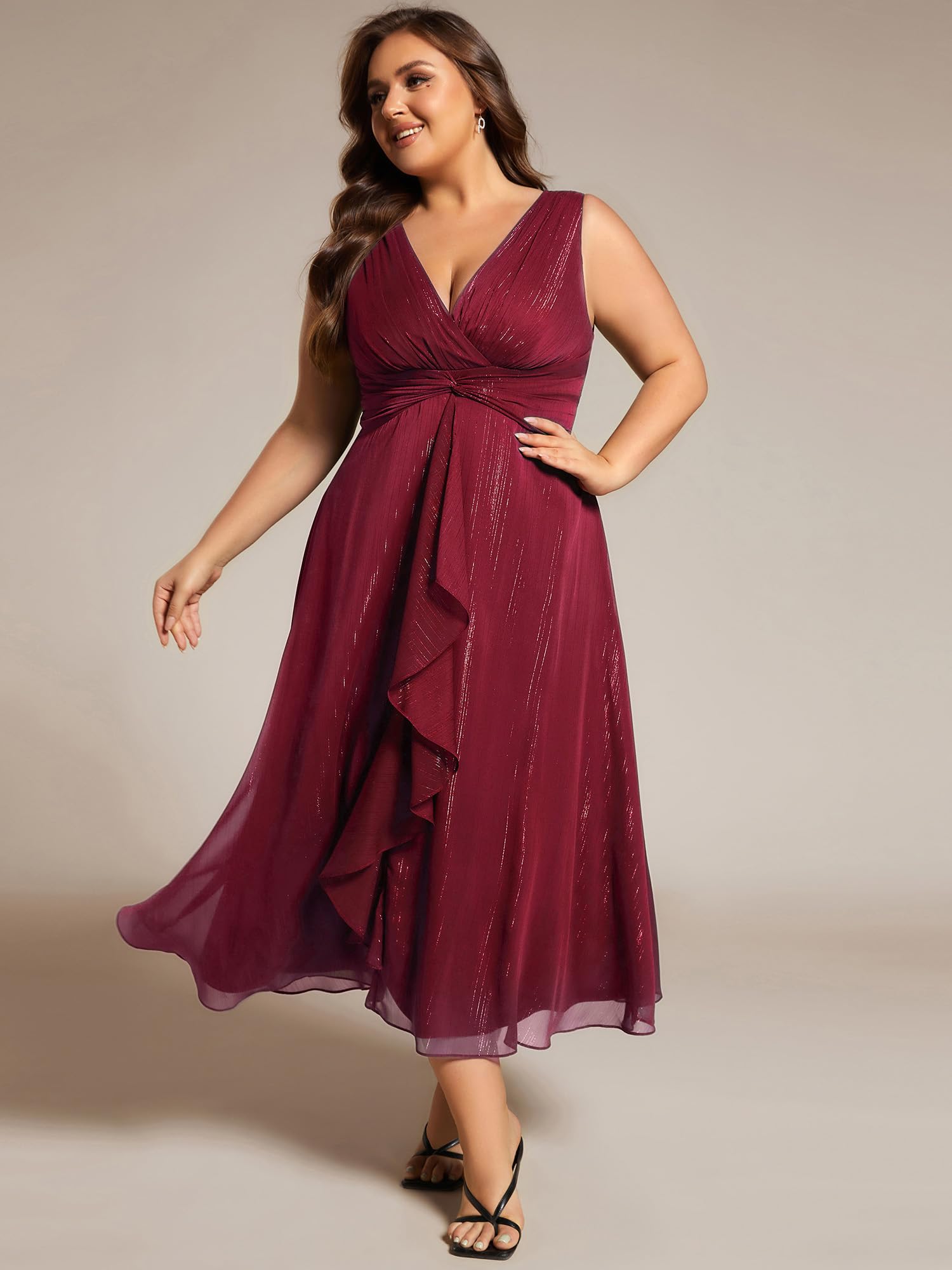 Ever-Pretty Women's Plus Size V-Neck Sleeveless A-Line Pleated Tea-Length Dress for Wedding Guest - 11977-DA | Elegant Formal Occasion & Special Event Wear