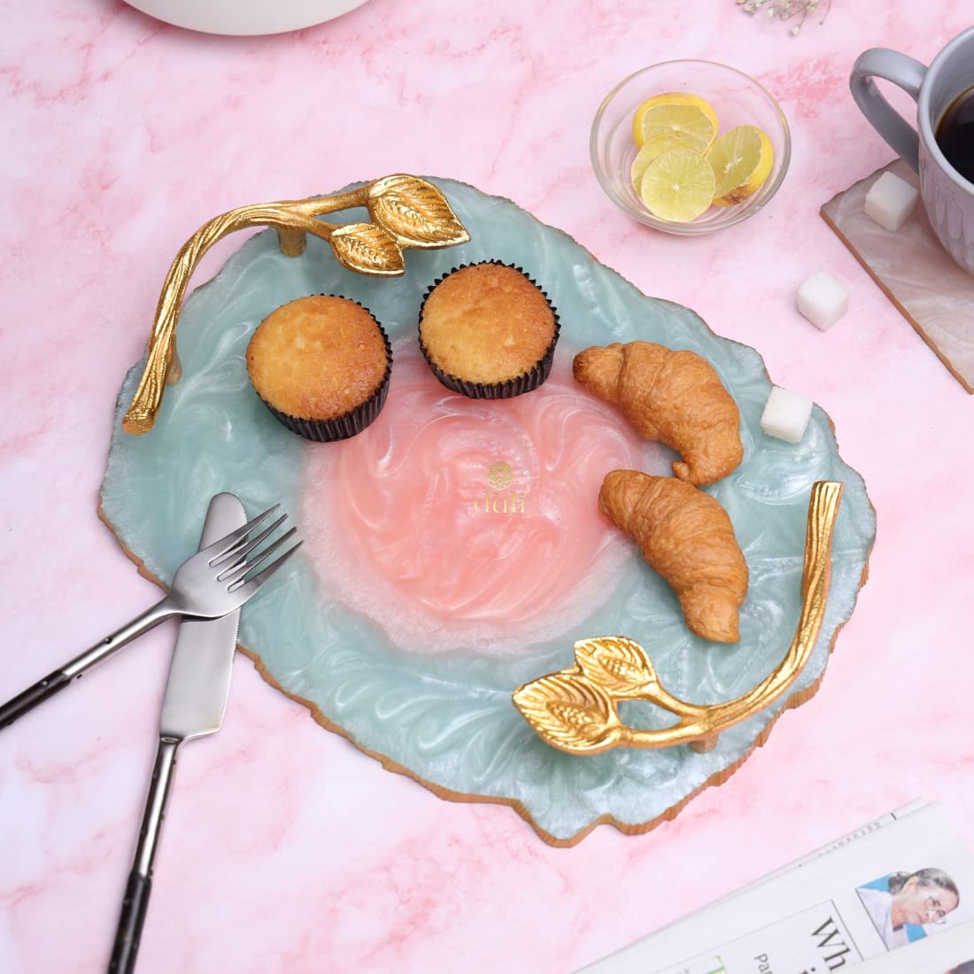 DULI Resin Serving Tray with Golden Handle - Water & Heat Resistant Multipurpose Tray for Dining Table, Coffee Table, and Home Decor - Elegant Aqua-Pink Showpiece Tray for Parties, Breakfast in Bed, and Gift Giving