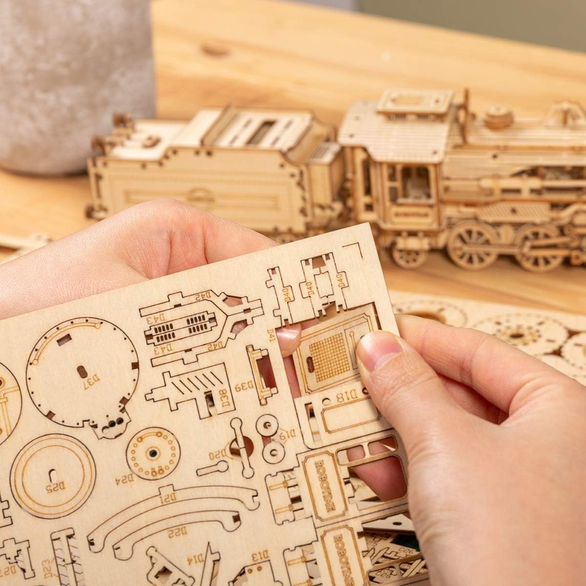 ROKR 3D Wooden Puzzle for Adults - DIY Mechanical Car Model Building Kit - Brain Teaser Toy Gift for Men, Women & Kids - Birthday & Christmas Present - Steam Train with Carriage - Perfect for Home Decoration, STEM Education & Family Bonding Activities