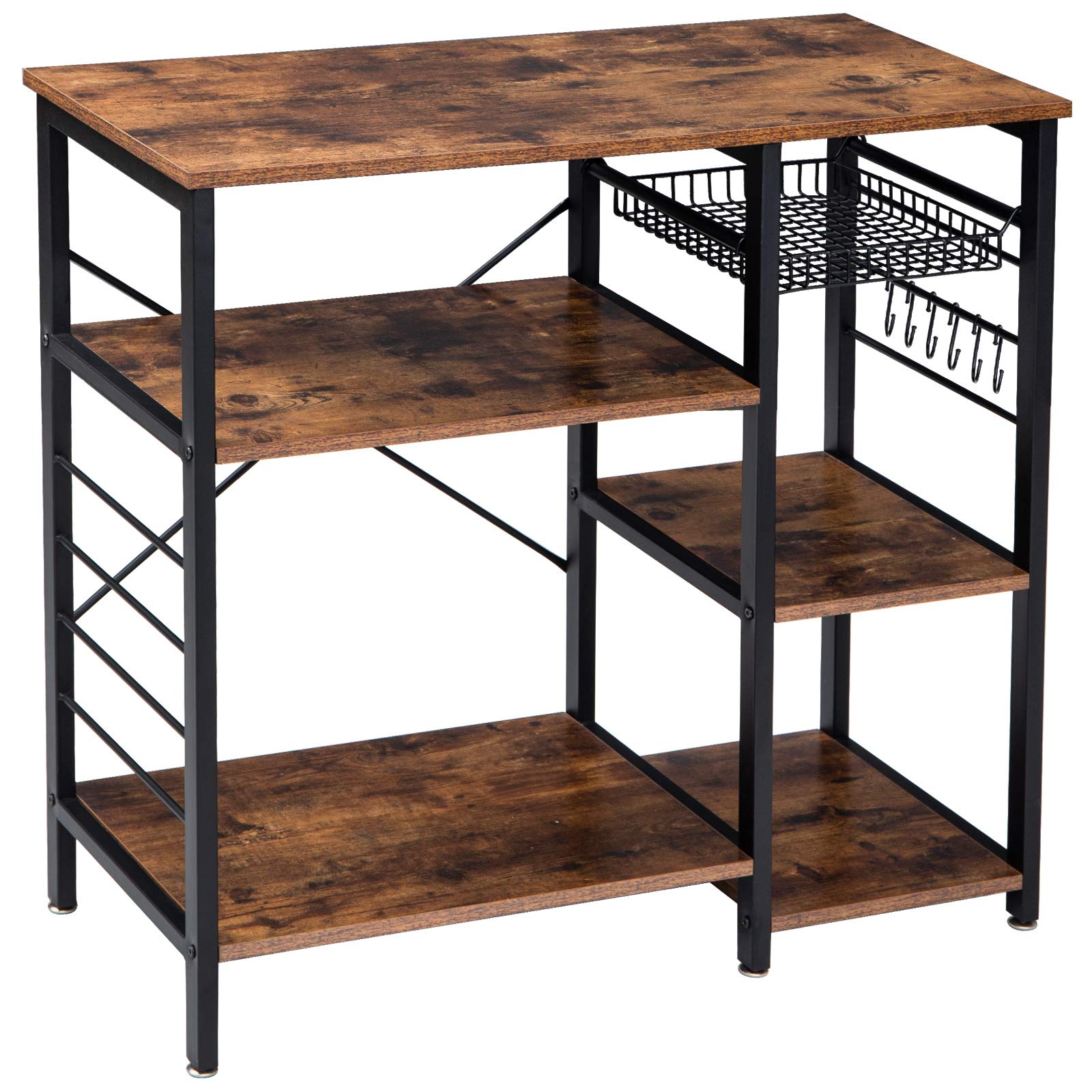 YMYNY Rustic Brown Baker's Rack - 35.4×33.1×15.75 Inch Multifunctional Kitchen Organizer with Coffee Bar Station, Microwave Stand & 6 S-Hooks - Perfect for Small Kitchen Storage, Pantry Organization & Coffee Bar Setup